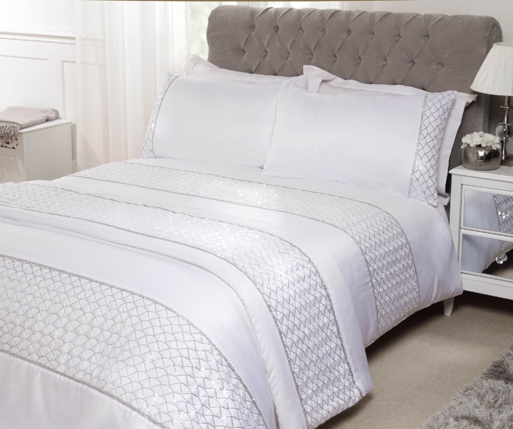 Lewis’s Charlotte Sequin Panel Luxury Duvet Set - White - Bedspread  | TJ Hughes