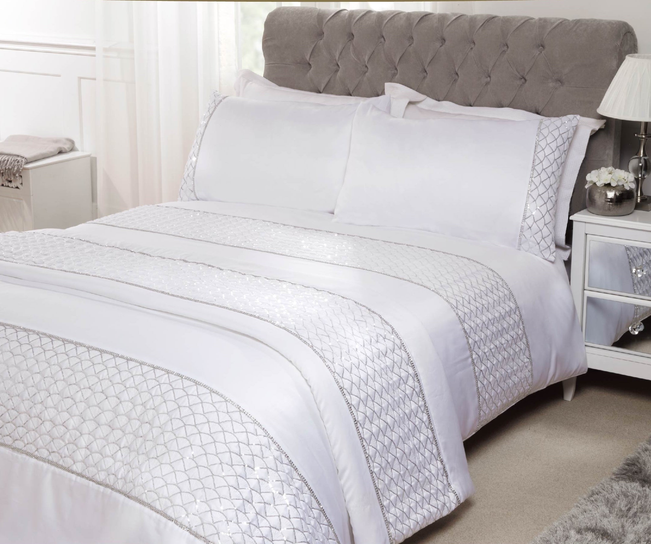 Lewis’s Charlotte Sequin Panel Luxury Duvet Set - White - Double  | TJ Hughes