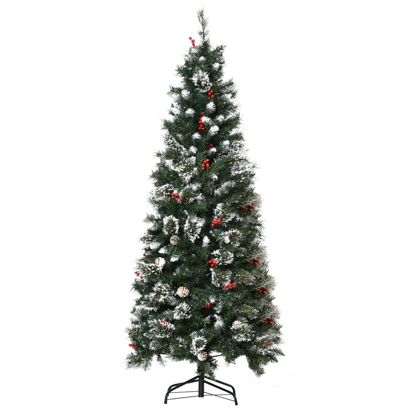 HOMCOM Christmas Tree Snow Dipped Slim 6’ with Pine Cones & Berries  | TJ Hughes