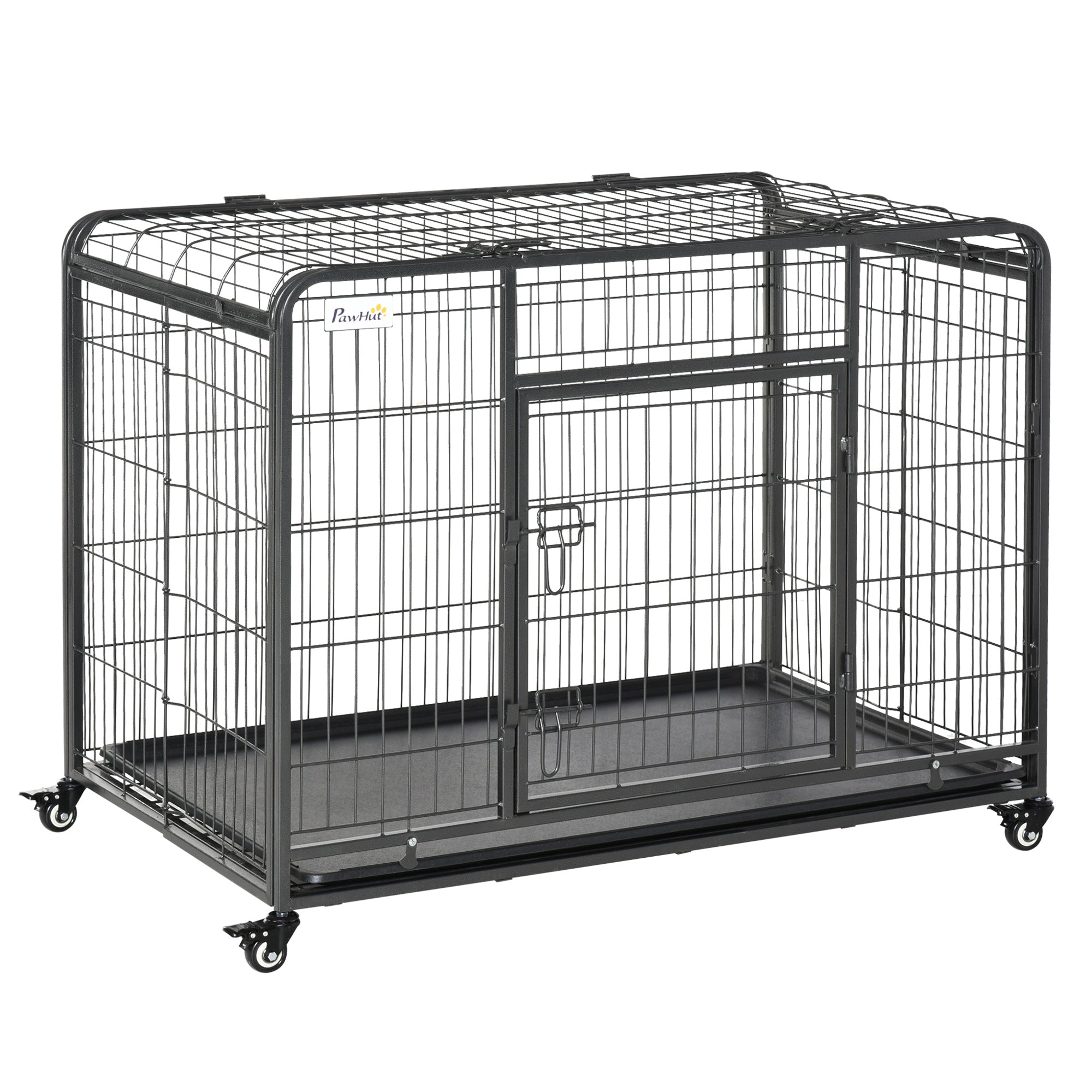 PawHut Heavy Duty Dog Crates Foldable Indoor Dog Kennel and Dog Cage Pet Playpen with Double Doors Removable Tray Lockable Wheels Openable Top  | TJ H