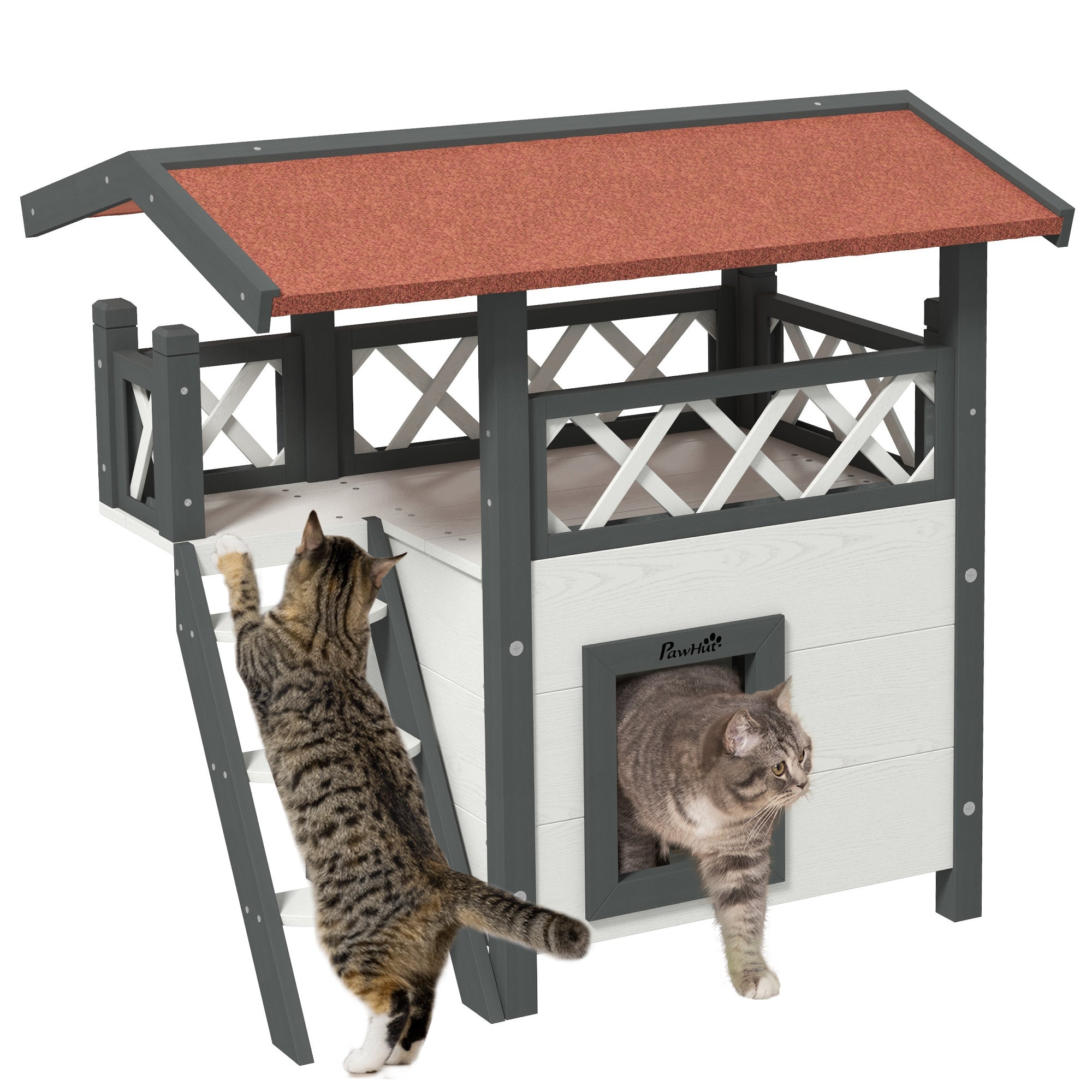 PawHut Outdoor Cat House w/ Balcony Stairs Roof - White  | TJ Hughes Brown