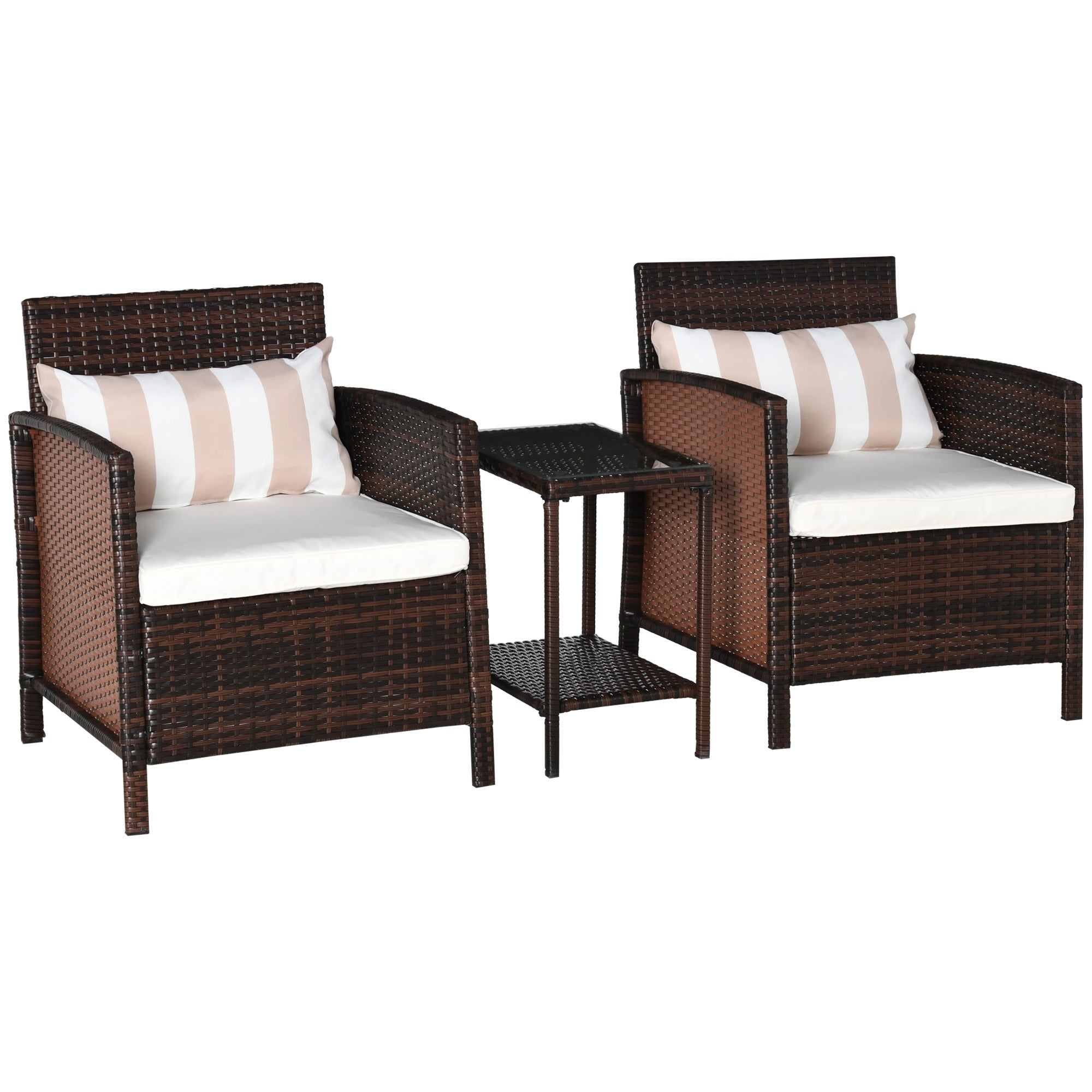 Outsunny 3 PC Outdoor Rattan Sofa Set w/ Chairs Coffee Table Cushion Brown  | TJ Hughes