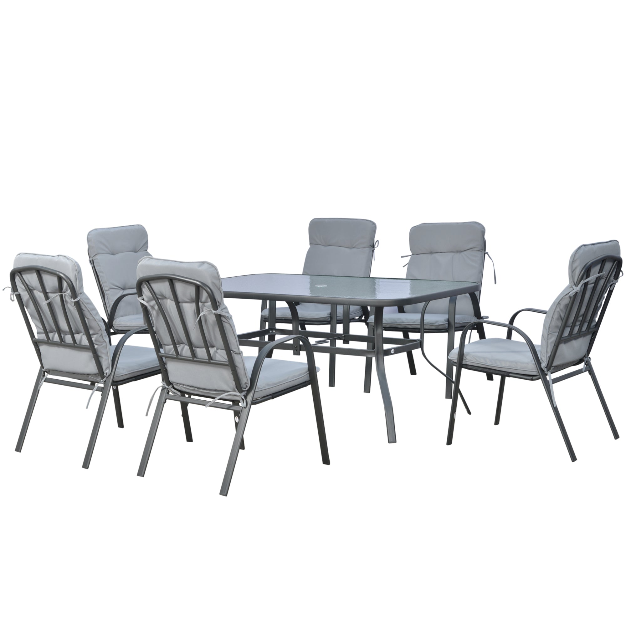 Outsunny 7 PCs Garden Dining Set - Glass Table w/ Umbrella Hole & Cushion - Black  | TJ Hughes