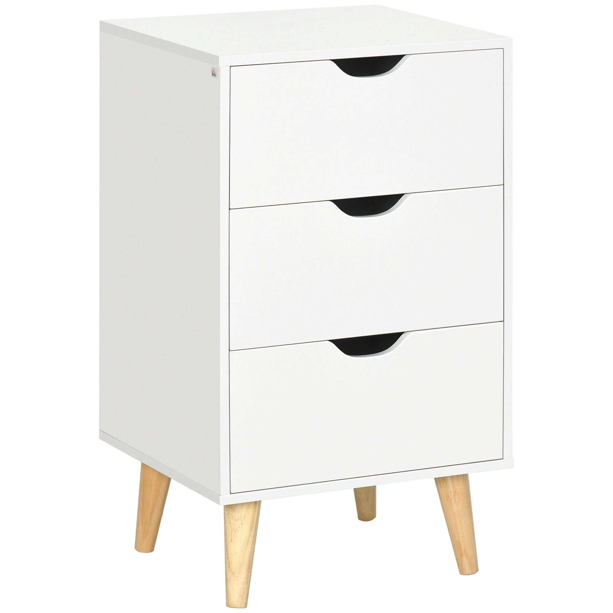 HOMCOM Bedside Table - Bedside Cabinet with 3 Drawers - Small Side Table with Wood Legs and Cut-out Handles for Bedroom - White  | TJ Hughes