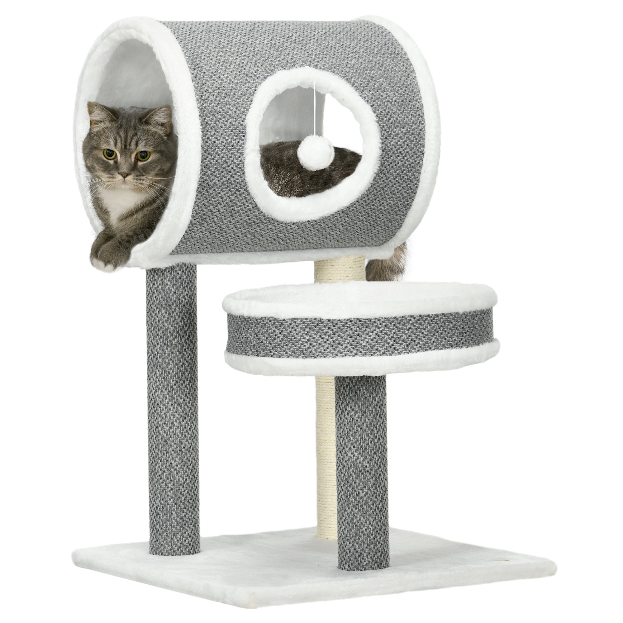 PawHut Cat Tower with Scratching Post - Cat Bed - Cat Tunnel - Toy Ball - White  | TJ Hughes