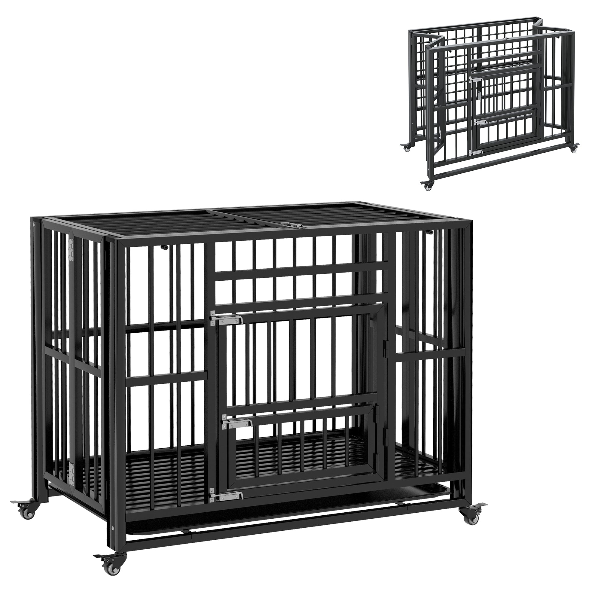 PawHut 37" Foldable Heavy Duty Dog Crate w/ Locks - Removable Tray - Wheels  | TJ Hughes Black