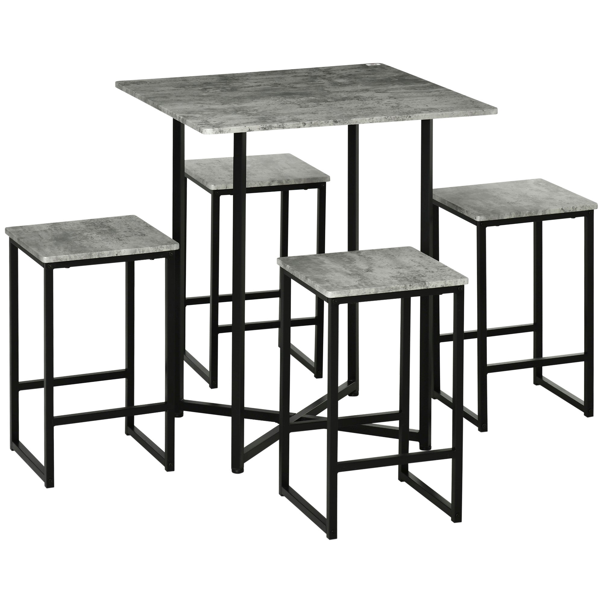 HOMCOM Concrete Effect Square Bar Table Set with Stools for 4 People Grey  | TJ Hughes