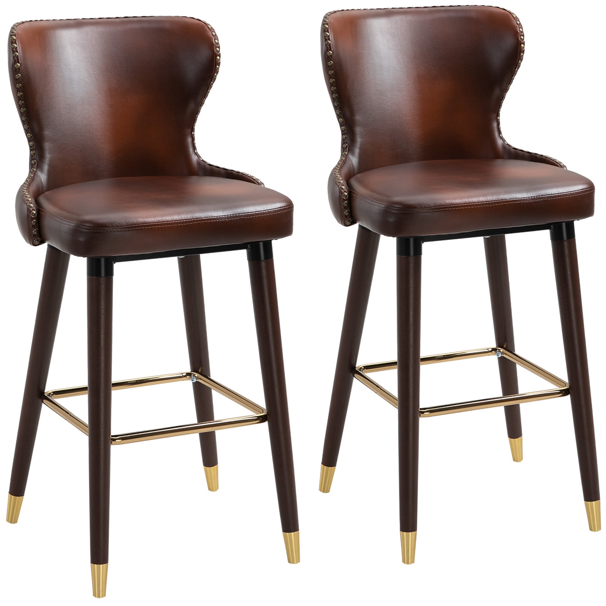HOMCOM Luxury Bar Stools Set of 2 with Back - PU Leather Upholstery - Brown  | TJ Hughes