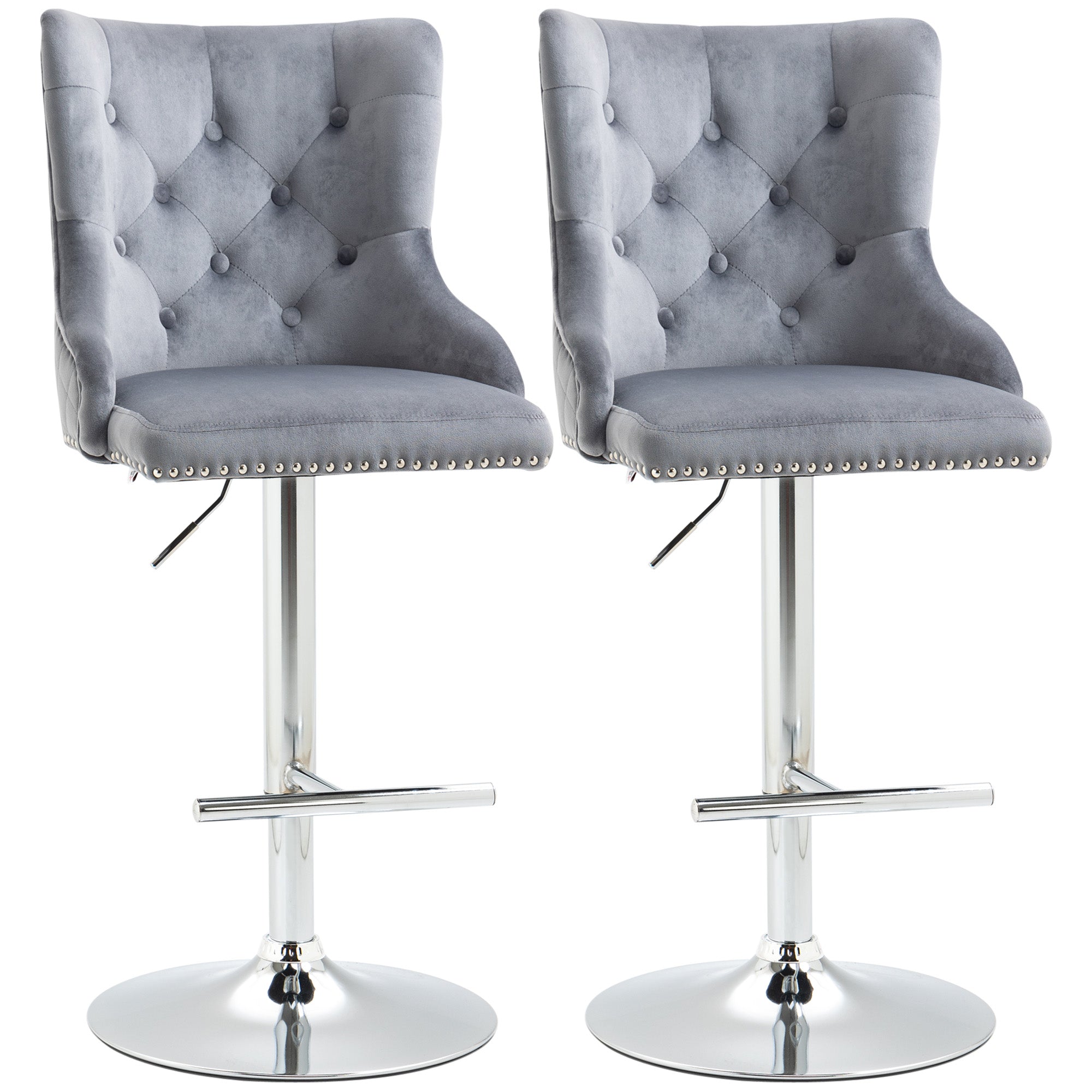 HOMCOM Adjustable Bar Stools Set of 2 - Swivel Bar Chairs w/ Back Footrest - Grey  | TJ Hughes