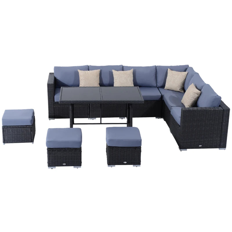 Outsunny 9-Seater Garden Rattan Furniture 10 Pcs Rattan Corner Dining Sofa Set - Grey/Dusty Blue Cushion  | TJ Hughes Grey