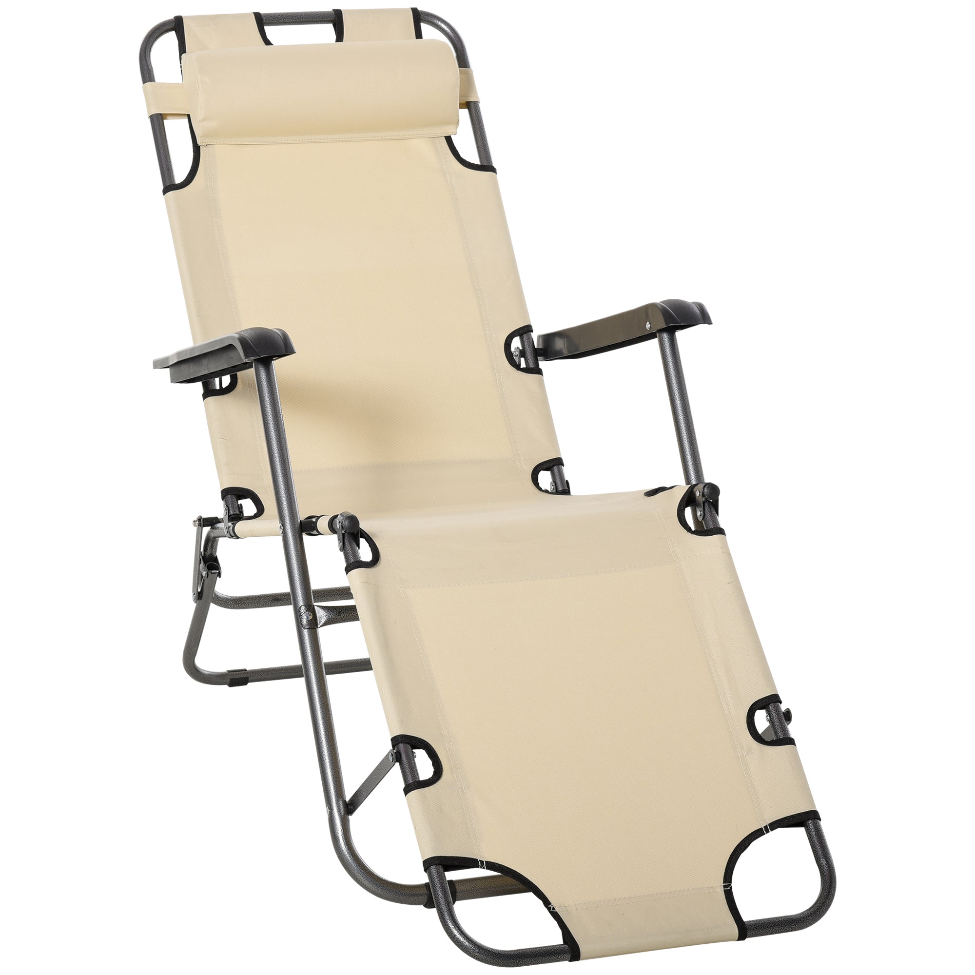 Outsunny 2 in 1 Outdoor Folding Sun Lounger w/ Adjustable Back and Pillow Beige  | TJ Hughes