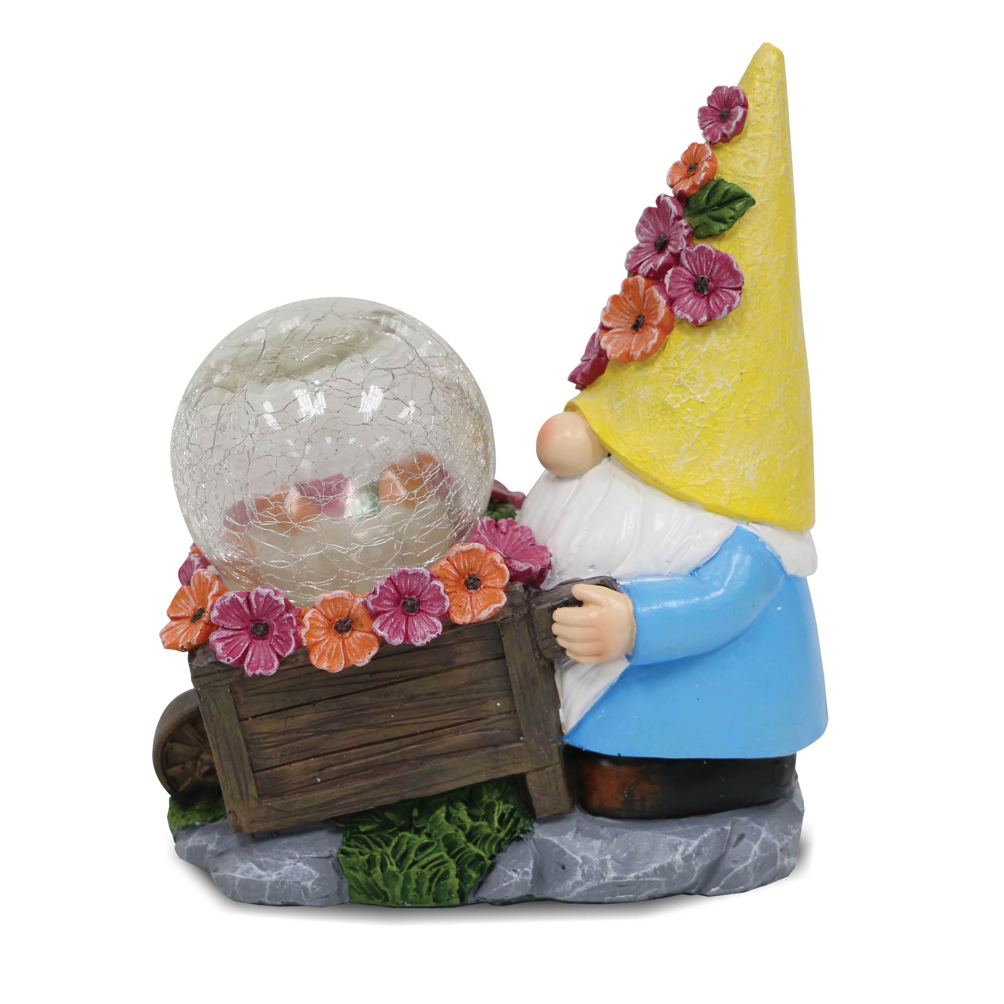 Silver & Stone Outdoor Solar Jinxie Wheelbarrow Gnome with Crackle Ball Solar Effect- Yellow Hat with Pink Flowers  | TJ Hughes