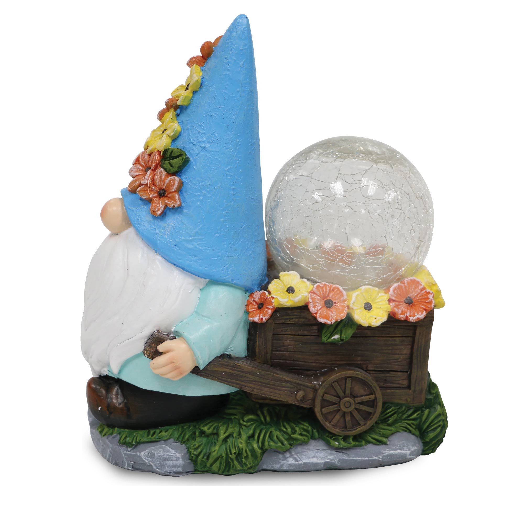 Silver & Stone Outdoor Solar Jinxie Wheelbarrow Gnome with Crackle Ball Solar Effect- Blue Hat with Yellow Flowers  | TJ Hughes