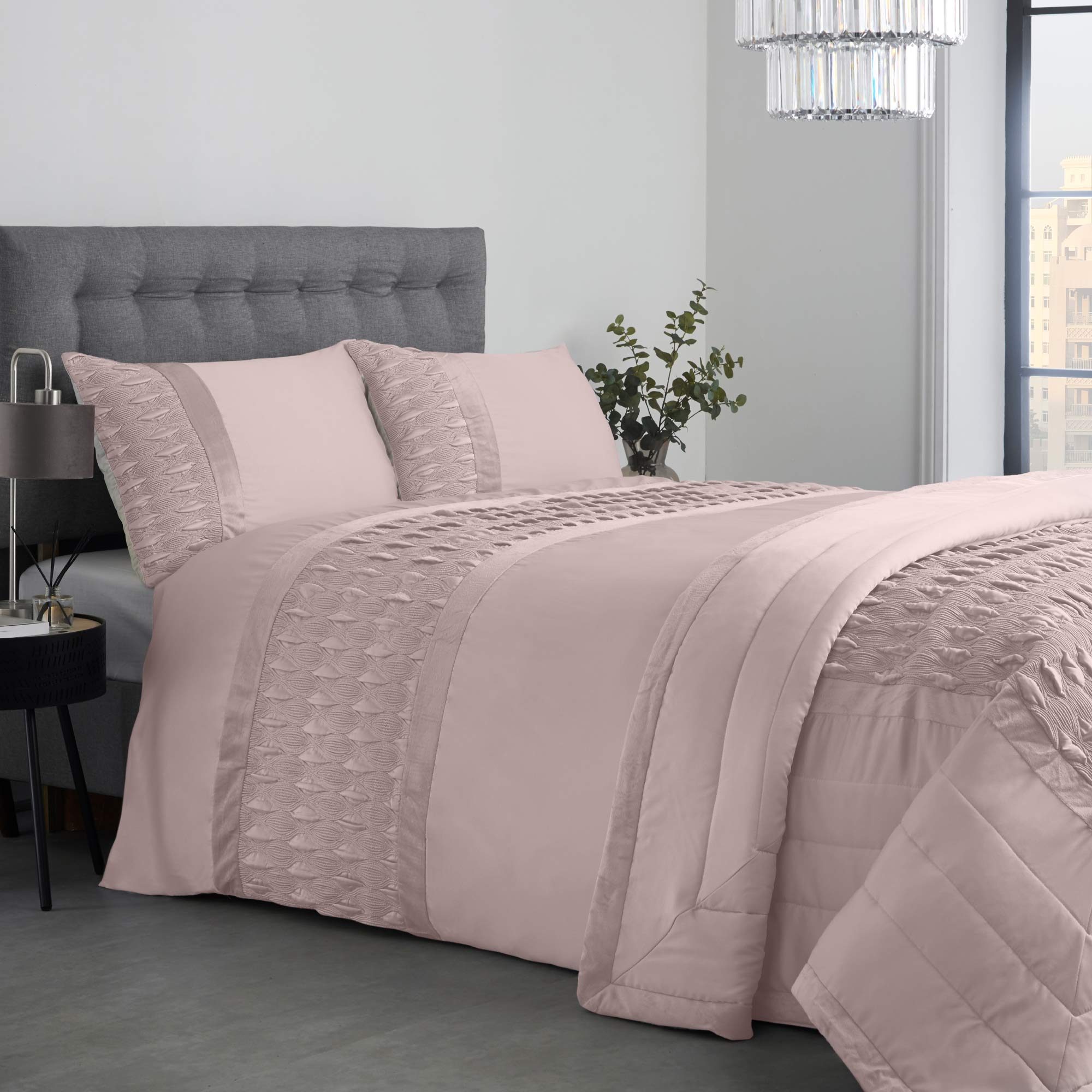Lewis’s Aria Quilted Satin Panel Luxury Duvet Set - Blush Pink - Double  | TJ Hughes