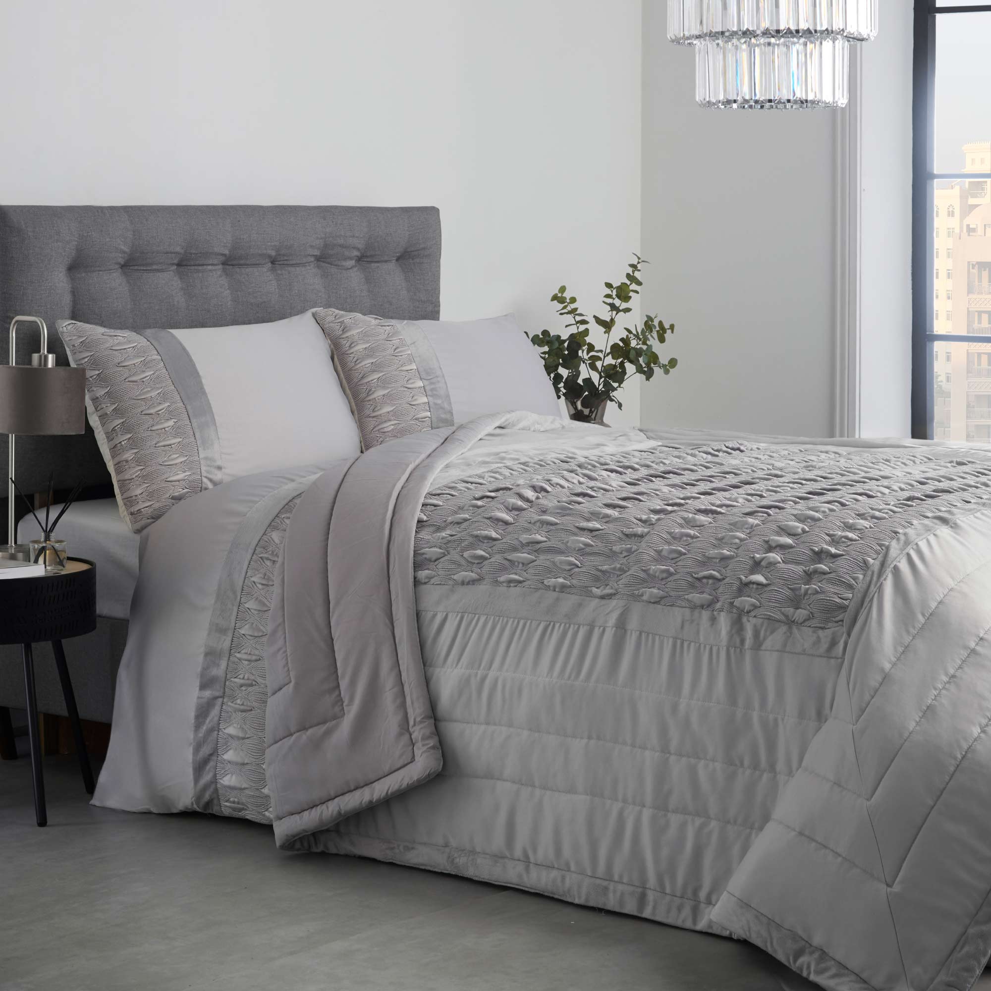 Lewis’s Aria Quilted Satin Panel Luxury Duvet Set - Silver - Bedspread 200 x200cm  | TJ Hughes