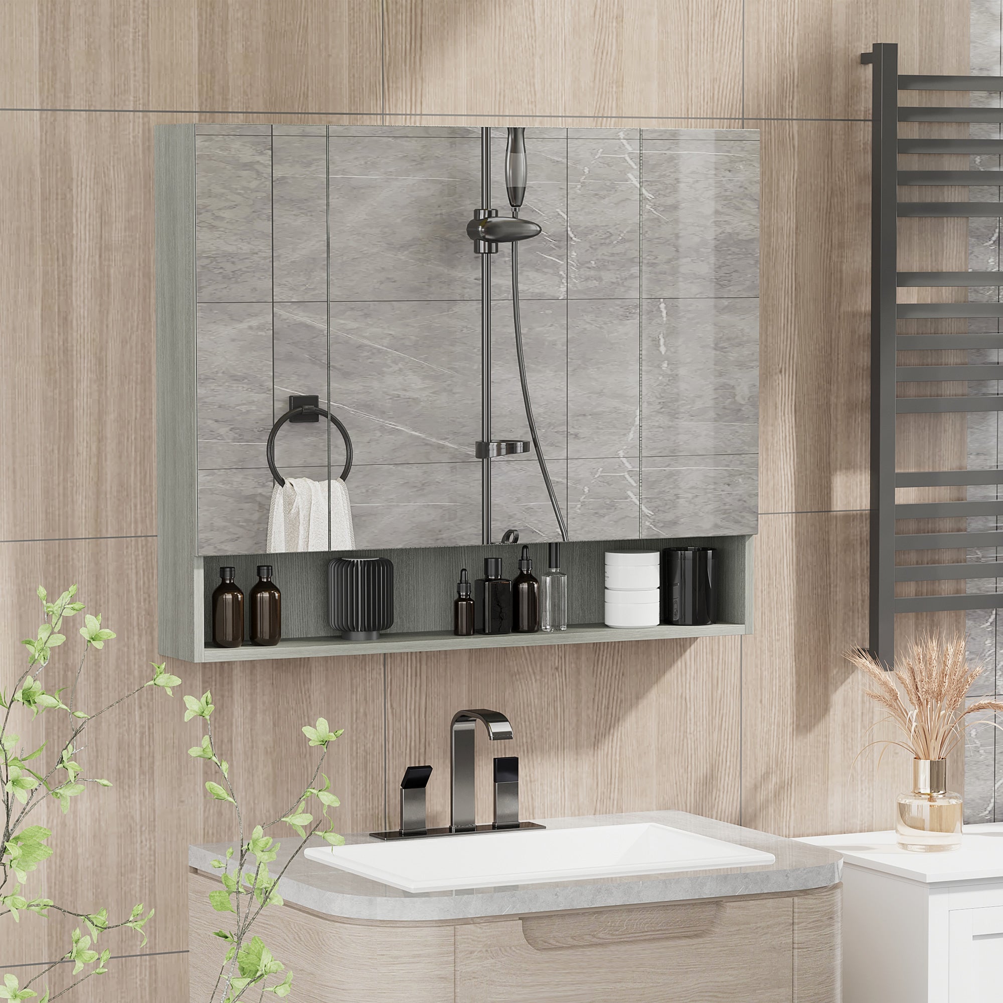 kleankin Bathroom Cabinet Wall Mounted Mirror Storage Adjustable Shelves Grey  | TJ Hughes