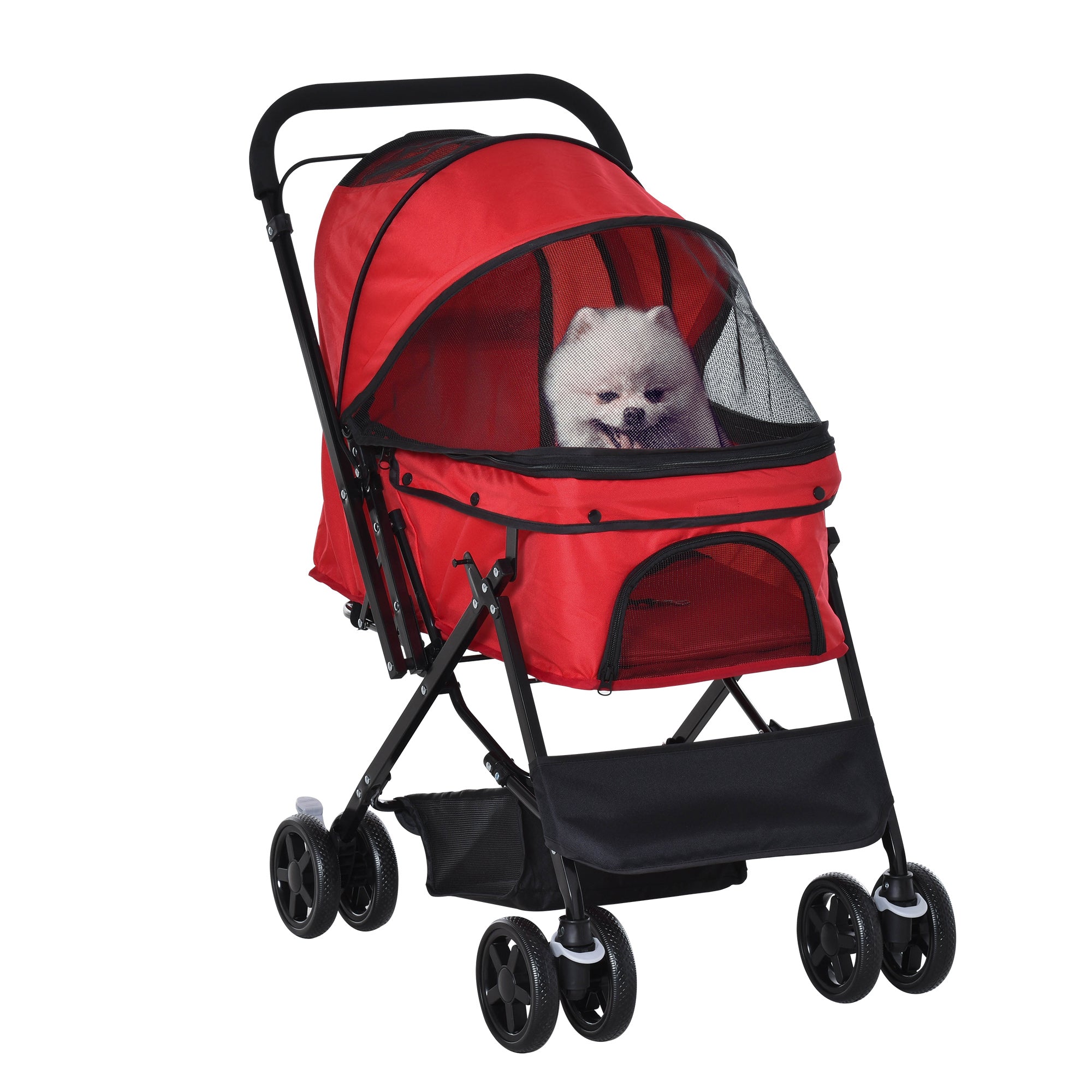 PawHut Pet Stroller Dog Travel Pushchair Foldable Jogger with Reversible Handle EVA Wheel Brake Basket Adjustable Canopy Safety Leash Red  | TJ Hughes