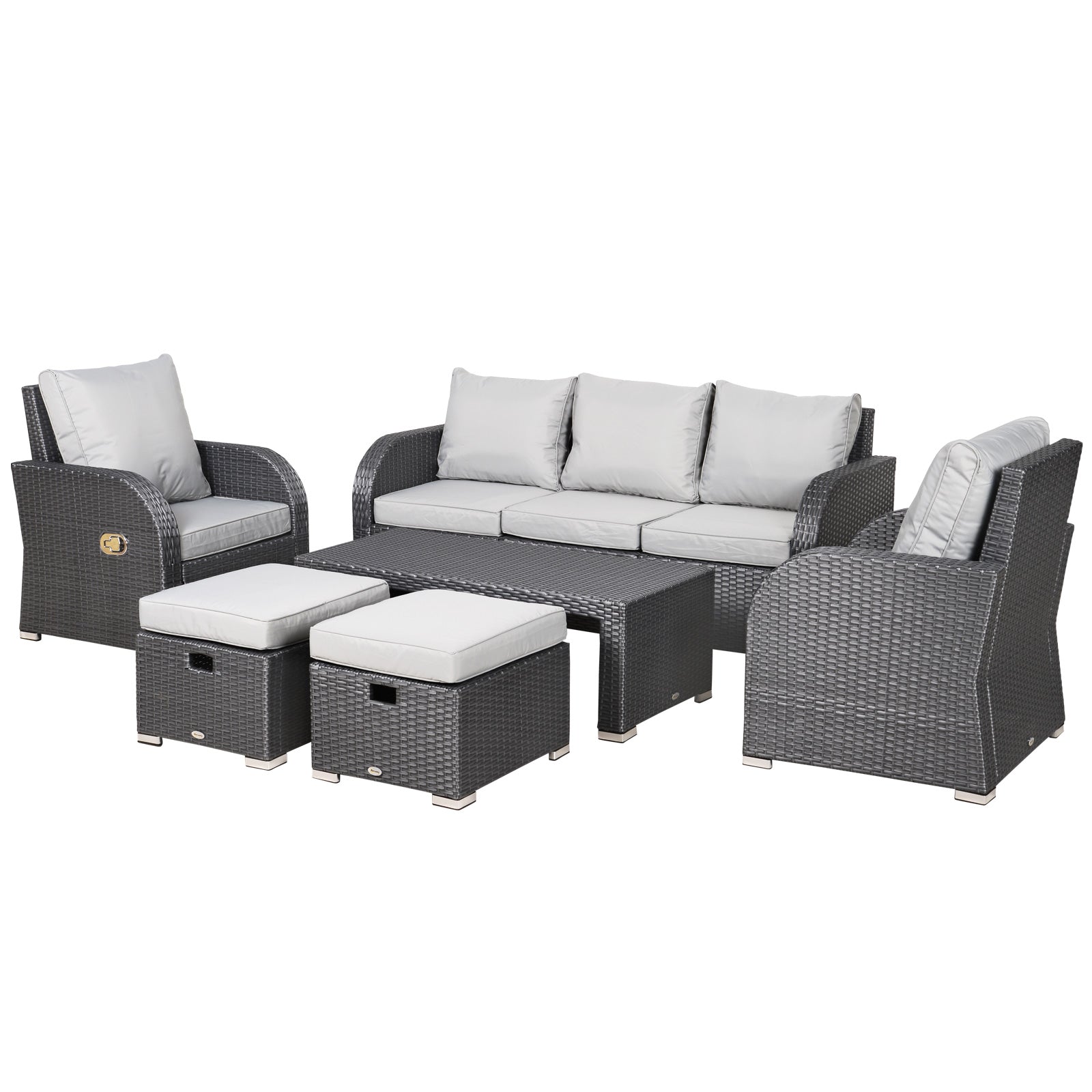 Outsunny 6pc Padded Outdoor Rattan Wicker 3-Seat Sofa Recliner Footstool Table  | TJ Hughes