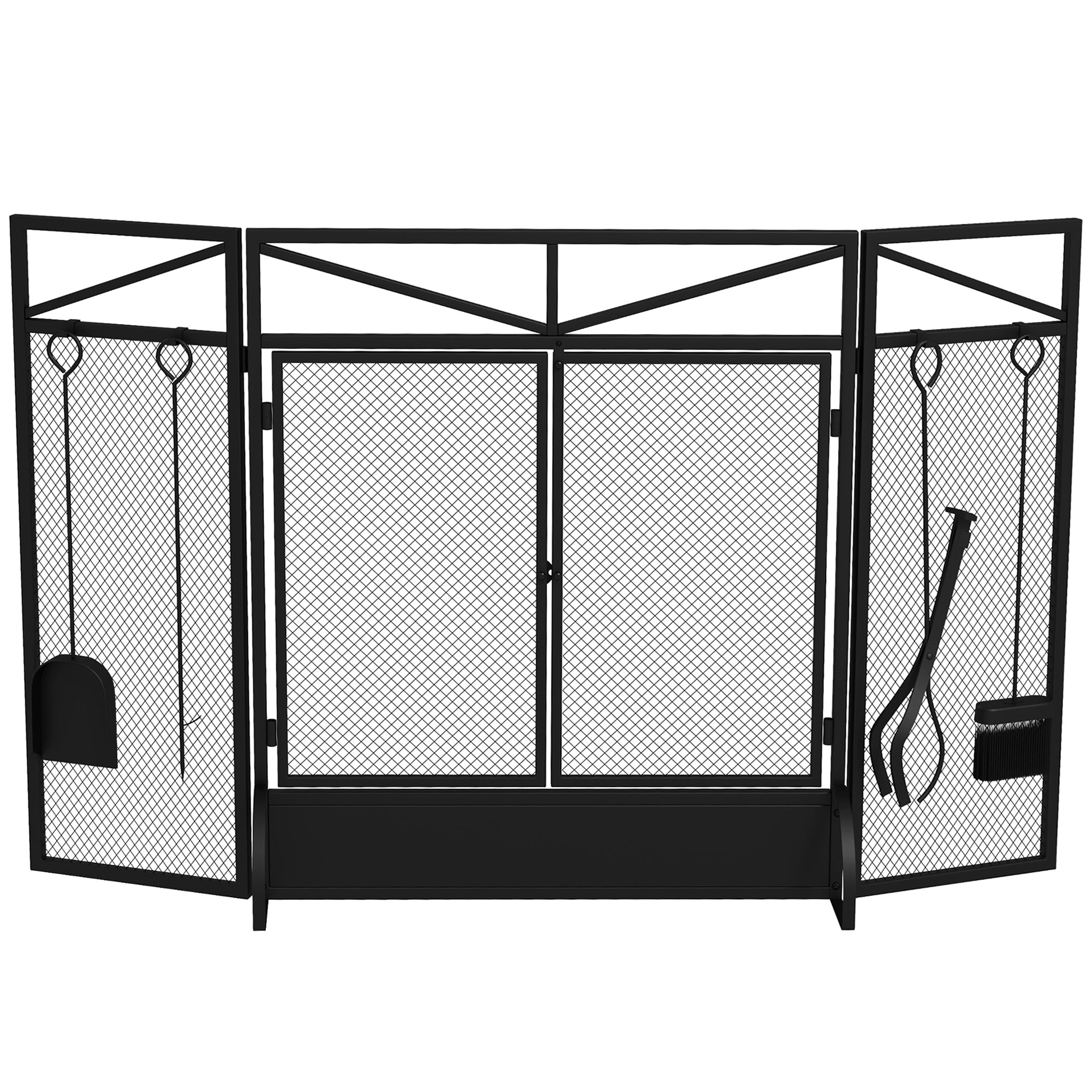 HOMCOM 3 Panel Folding Fire Guard Screen with Fireplace Tool Sets and Front Doors - Freestanding Fire Screen Spark Guard with Feet for Open Fire - Log