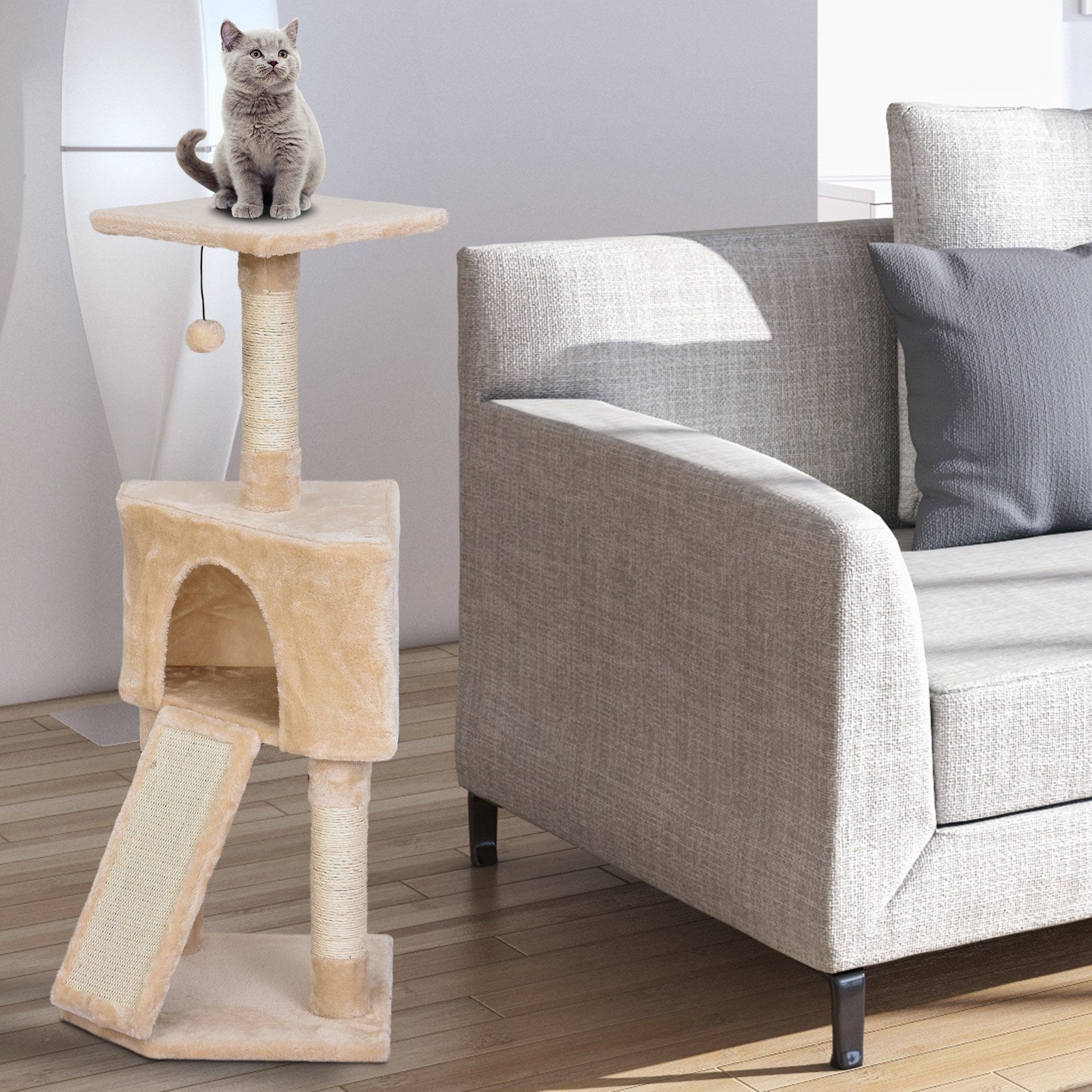 PawHut Corner Cat Tree Tower for Indoor Cats with Scratching Post - Condo - Beige  | TJ Hughes
