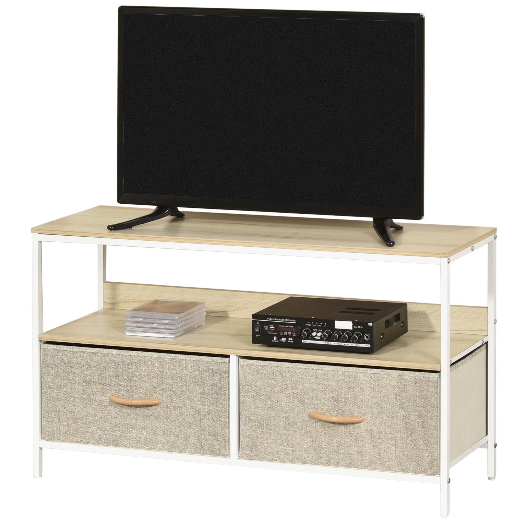 HOMCOM TV Cabinet - TV Console Unit with 2 Foldable Linen Drawers Maple Colour  | TJ Hughes