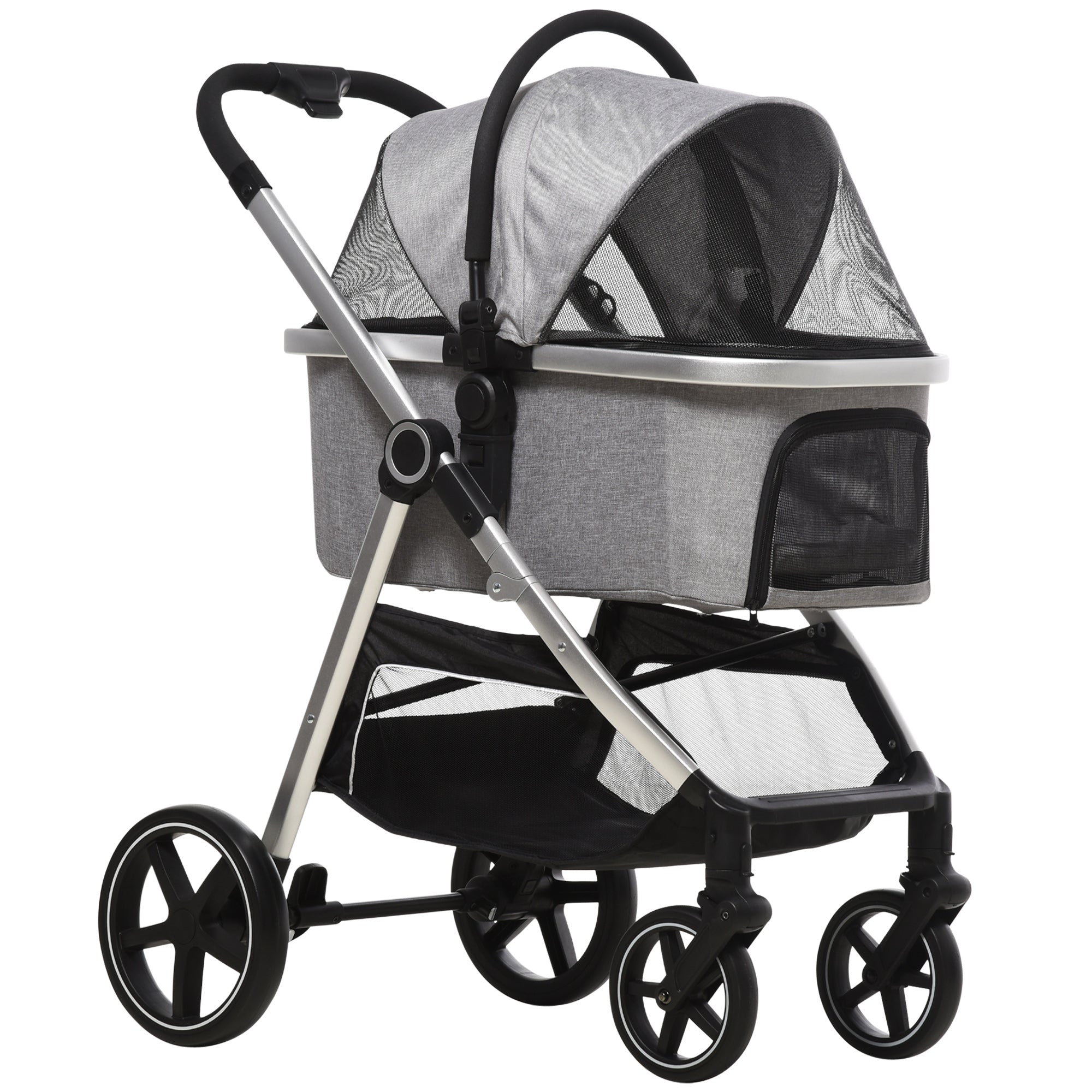 PawHut One-Click Foldable Pet Stroller w/ Storage Basket - for Small Pets - Grey  | TJ Hughes