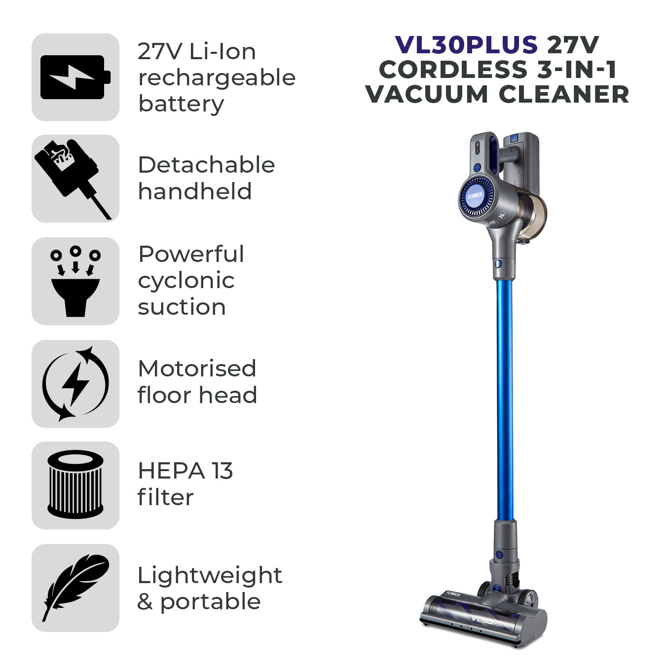 Tower VL30 Plus 22.2V Cordless 3-IN-1 DC Vacuum Cleaner - Blue  | TJ Hughes