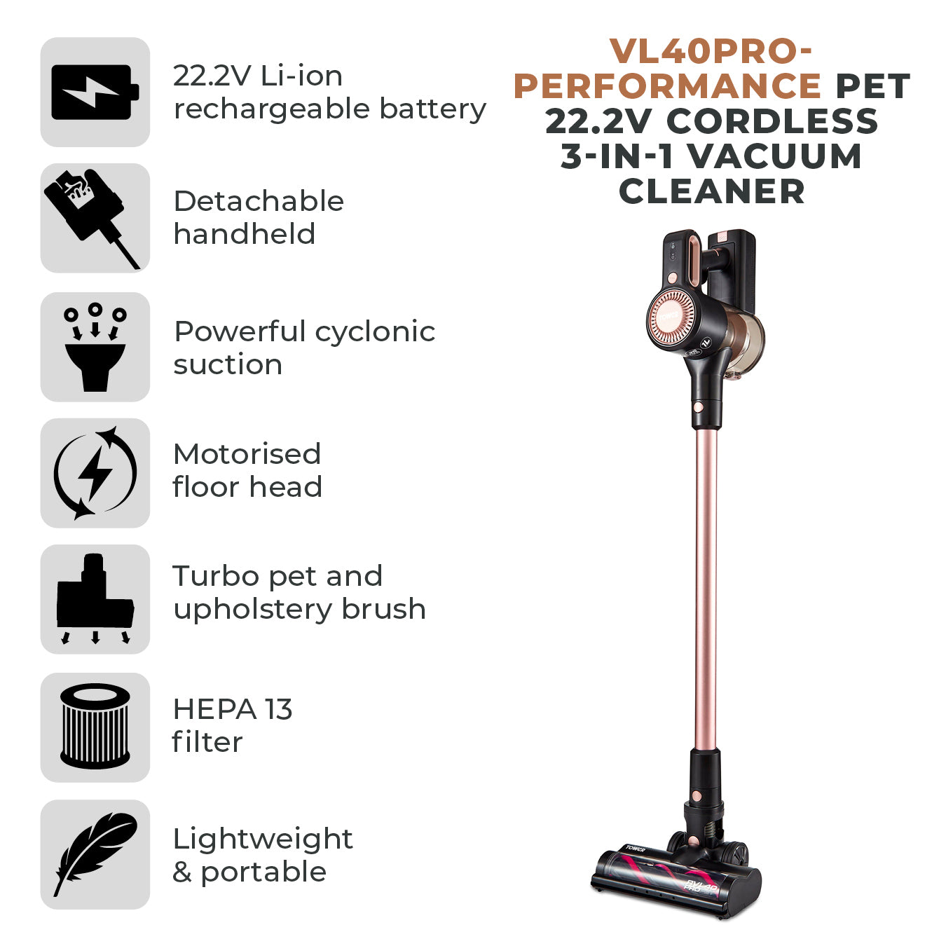 Tower VL40 Pro Pet 22.2V Cordless 3-IN-1 DC Vacuum Cleaner - Rose Gold  | TJ Hughes