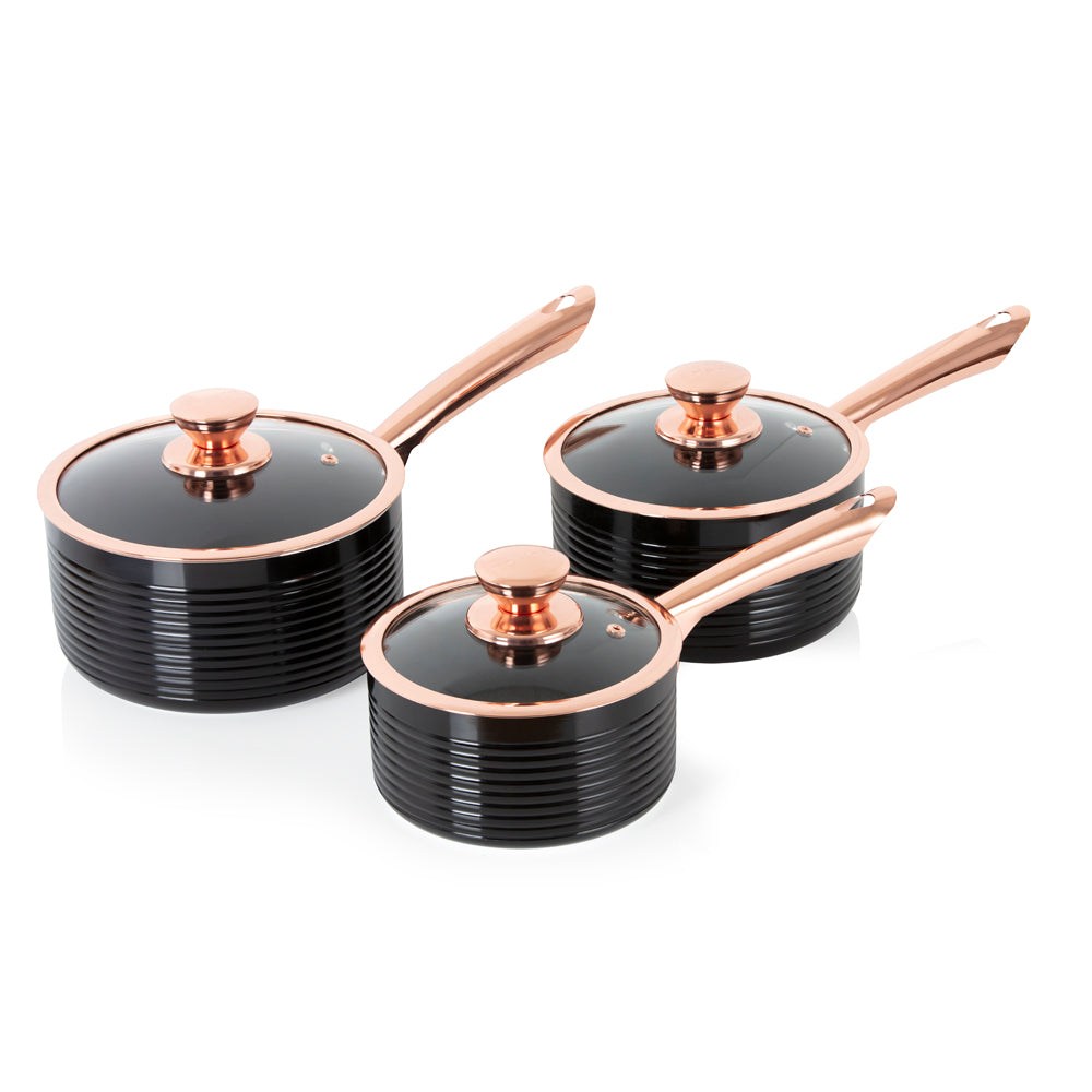 Tower Linear Rose Gold 3 Piece Saucepan Set - Black  | TJ Hughes