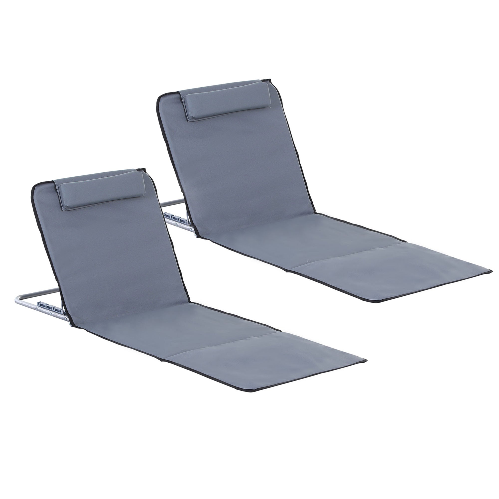 Outsunny 2 Pieces Outdoor Beach Mat Steel Reclining Chair Set w/ Pillow Grey  | TJ Hughes