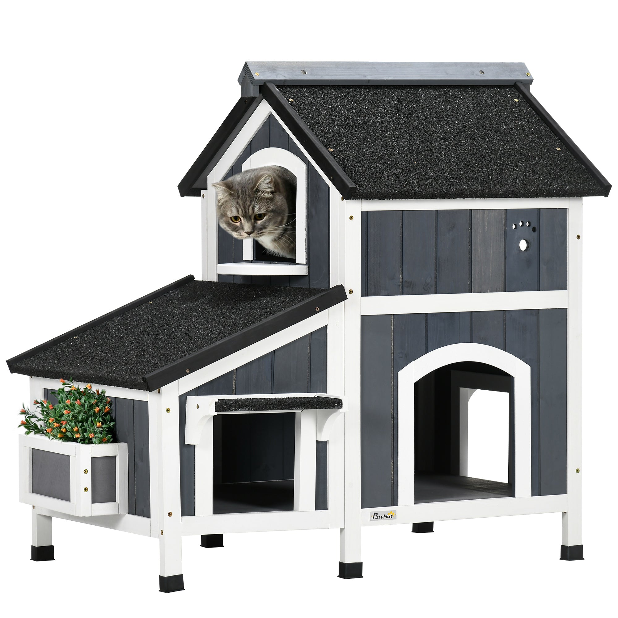 PawHut Wooden Outdoor Cat House w/ Flower Pot - Windows - Multiple Entrances  | TJ Hughes