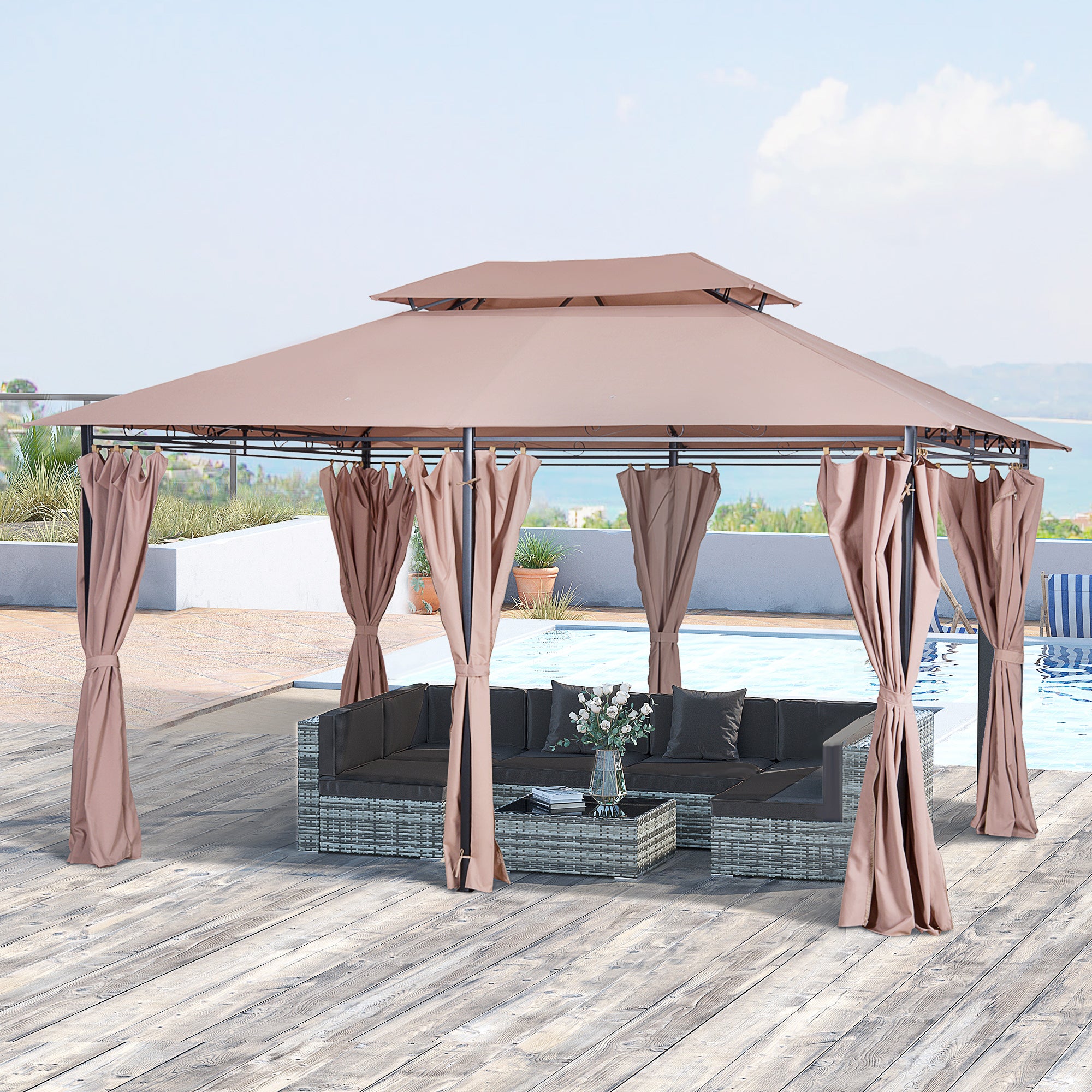 Outsunny 3 x 4m Outdoor 2-Tier Steel Frame Gazebo with Curtains Outdoor Backyard  | TJ Hughes