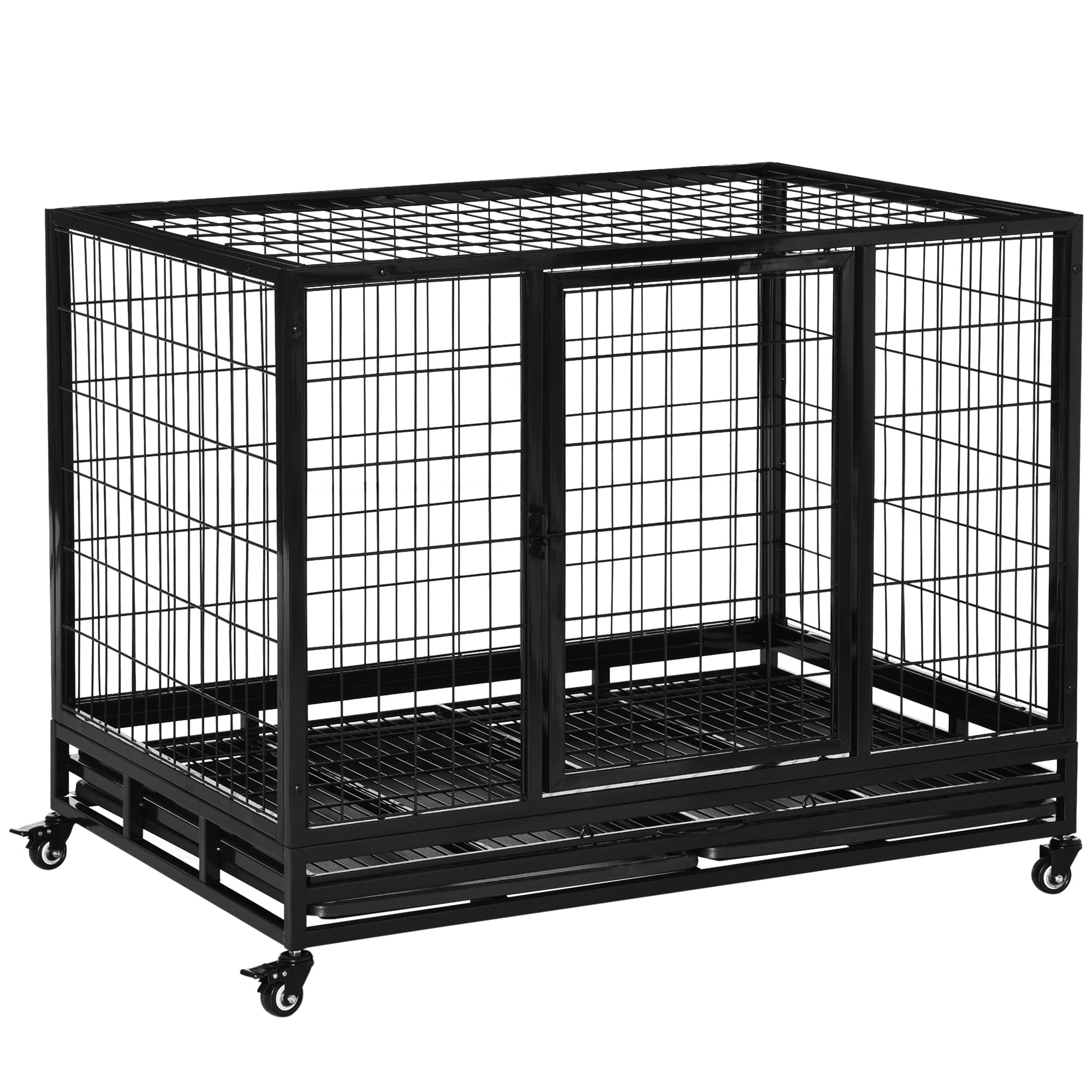 PawHut 43" Heavy Duty Metal Dog Kennel Pet Cage with Crate Tray and Wheels - Black (Large)  | TJ Hughes