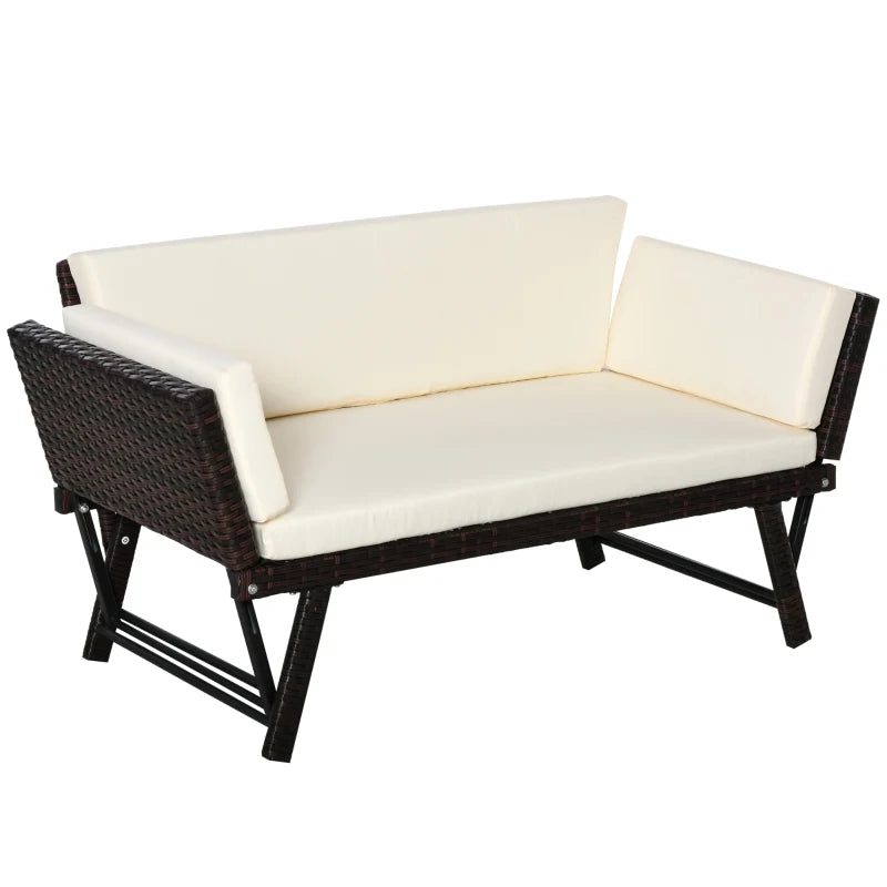 Outsunny 2 in 1 Rattan Folding  daybed sofa bench Bench  with Cushion Outdoor - Brown  | TJ Hughes