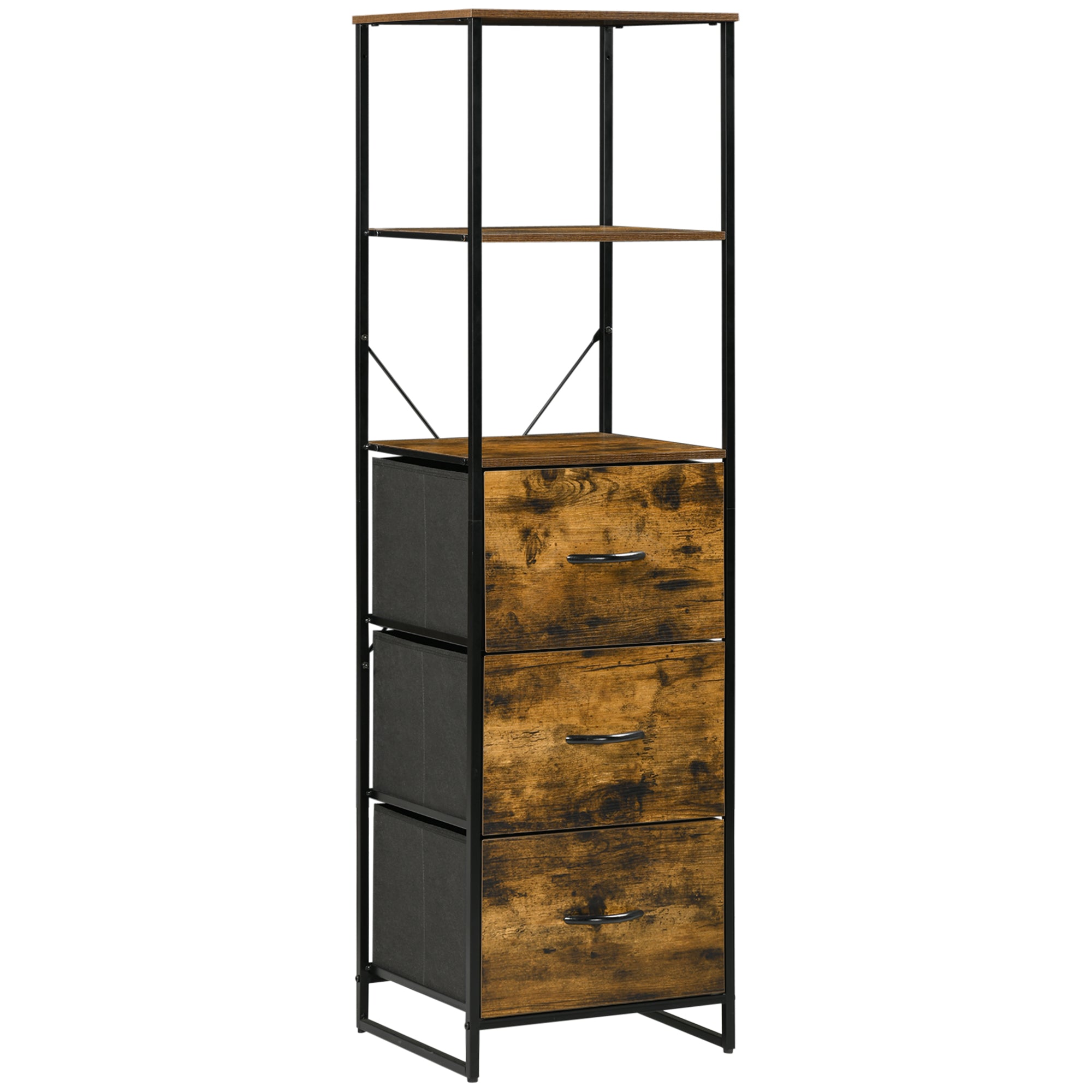 HOMCOM Industrial Storage Cabinet with 2 Shelves 3 Fabric Drawers Rustic Brown  | TJ Hughes