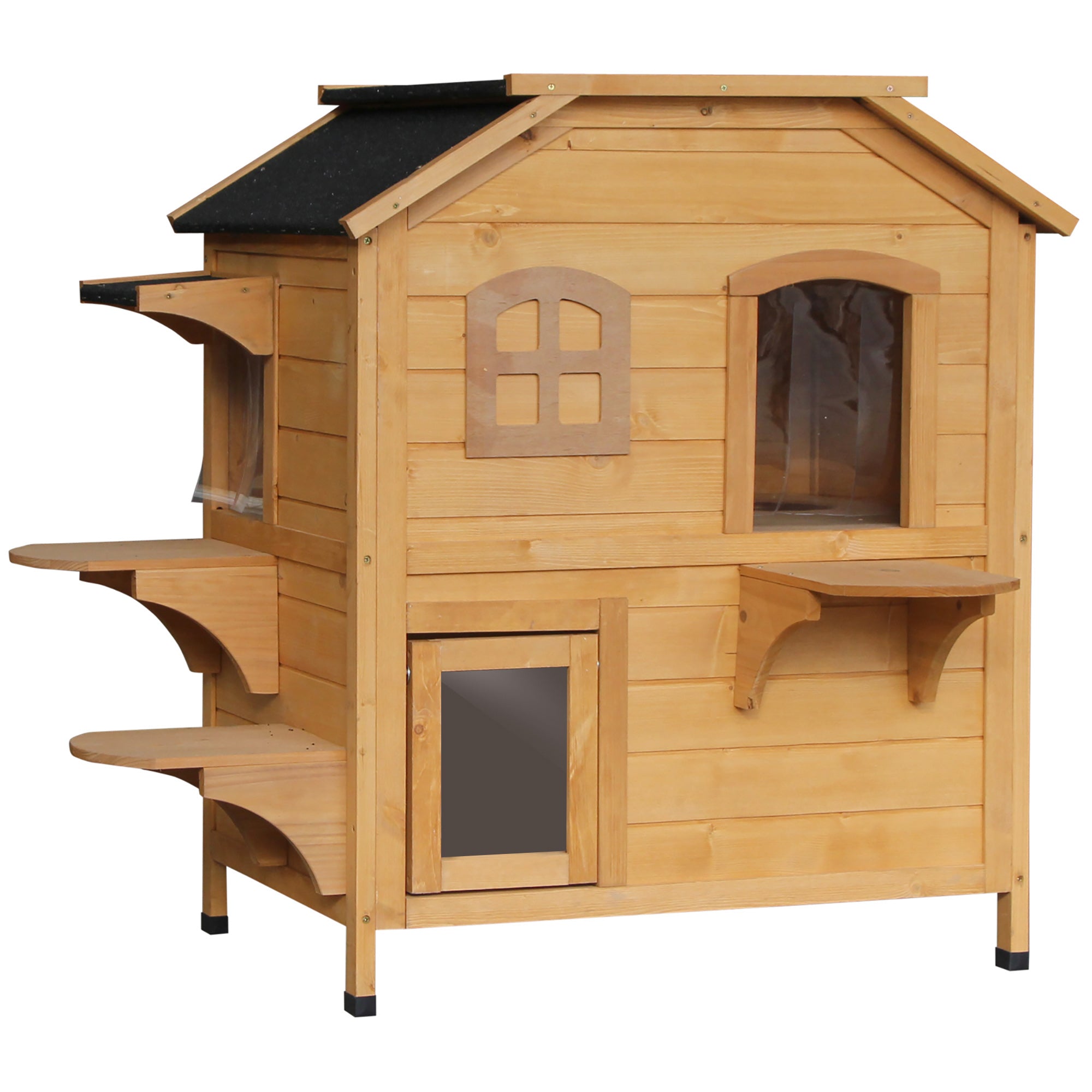 PawHut Wooden Cat House Cat Cave Pet Shelter Condos Outdoor Natural Wood Finish  | TJ Hughes