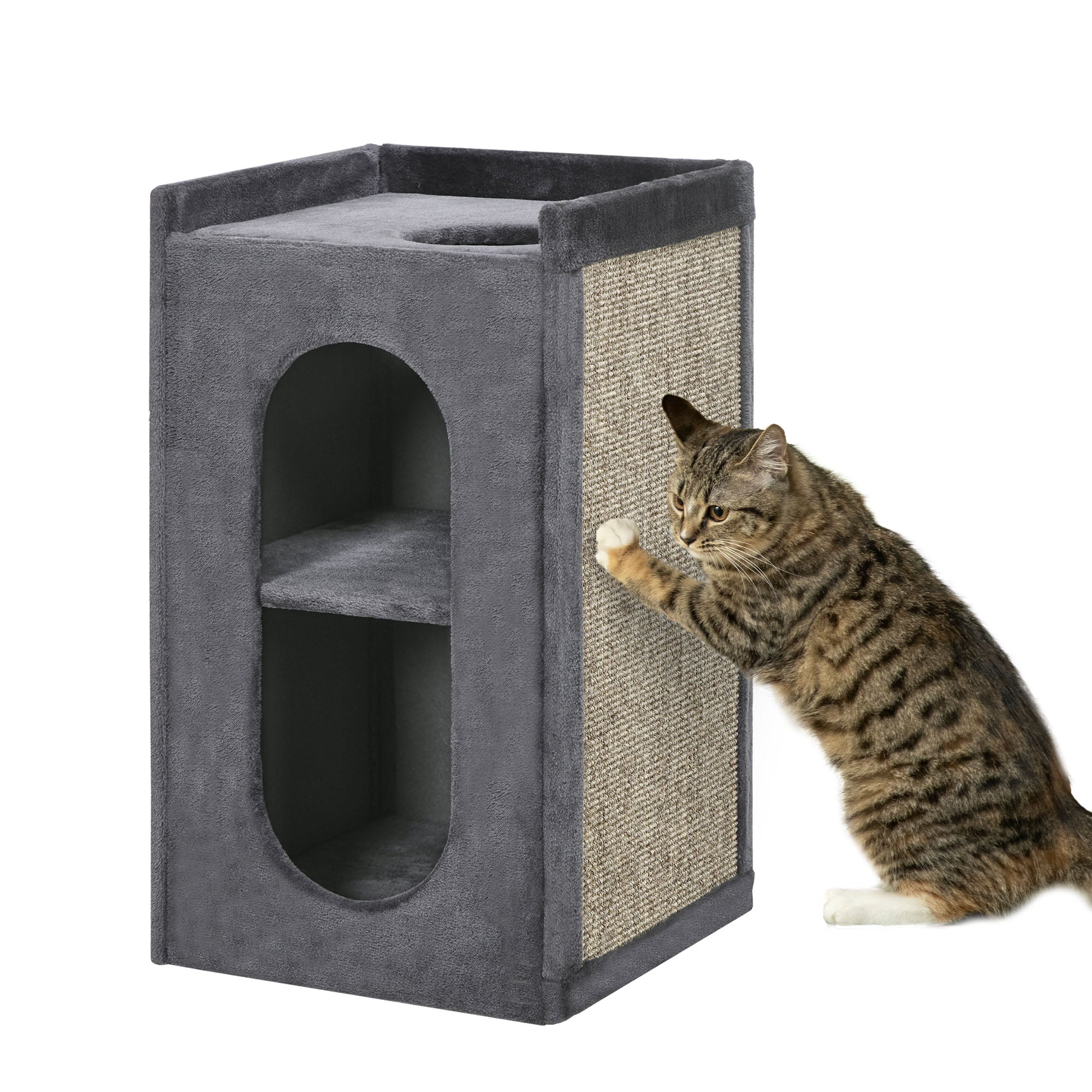 PawHut 81cm Cat Scratching Barrel with Two Cat Houses for Indoor Cats - Grey  | TJ Hughes Light Grey