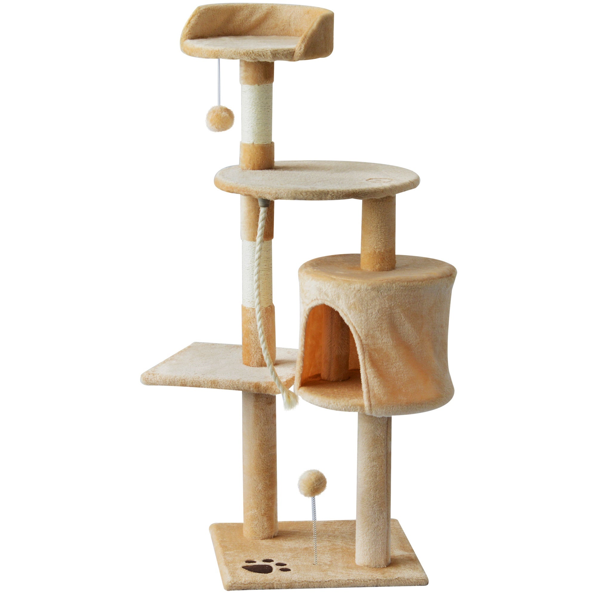 PawHut Cat Tree Activity Centre Scratching Post With Toys 4-tier Beige 114cm  | TJ Hughes