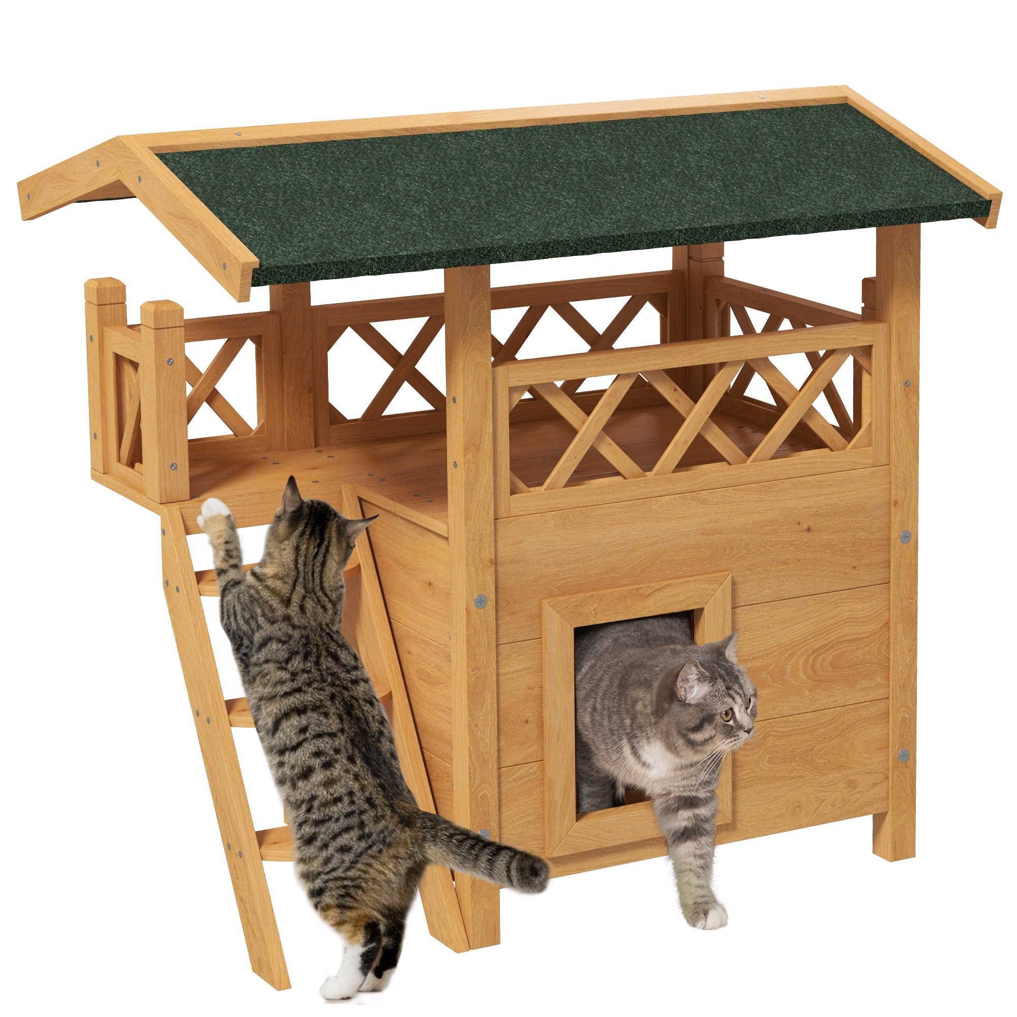 PawHut Outdoor Cat House w/ Balcony Stairs Roof - Natural Wood Finish  | TJ Hughes White