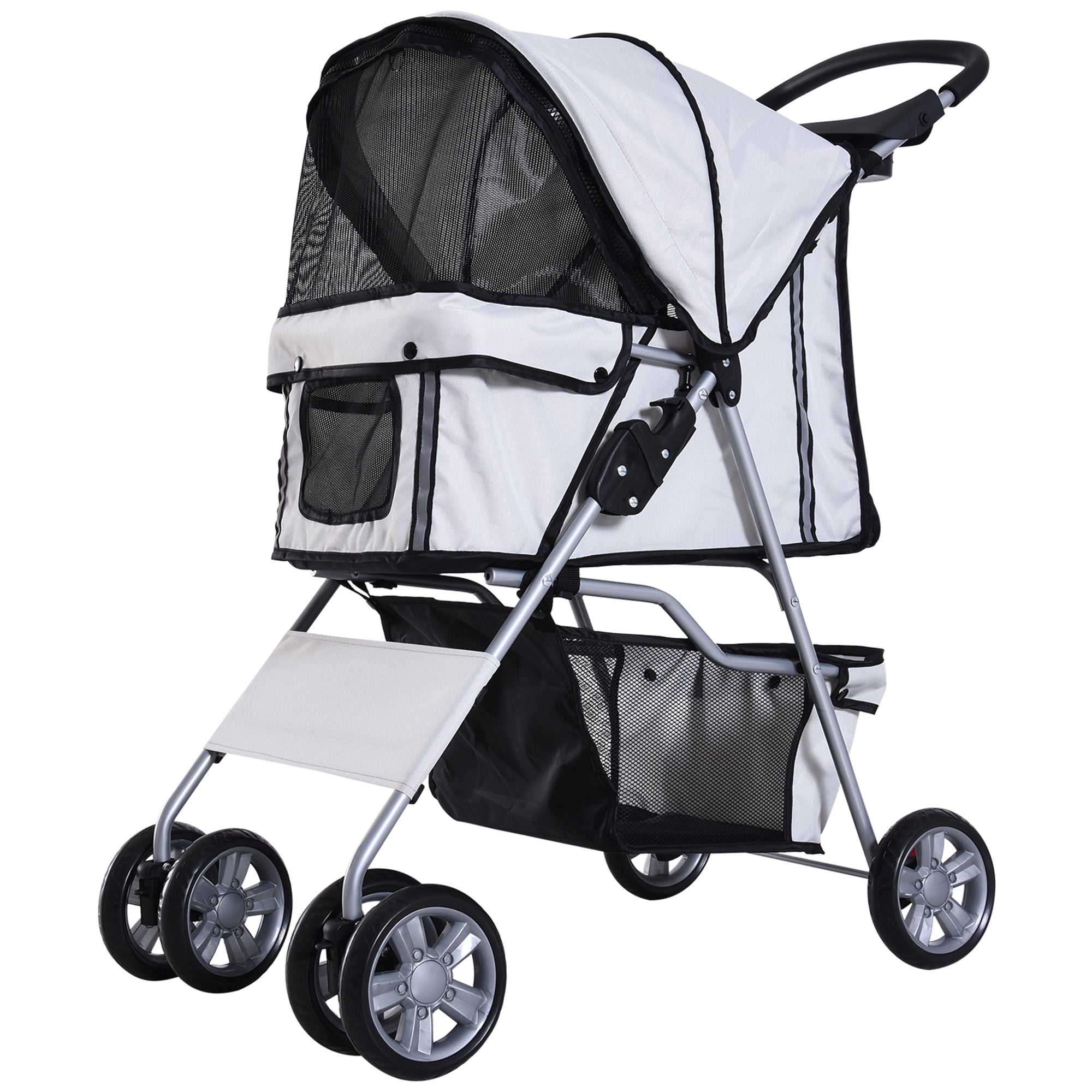 PawHut Dog Pram Pet Stroller Dog Pushchair Foldable Travel Carriage with Wheels Zipper Entry Cup Holder Storage Basket Grey  | TJ Hughes