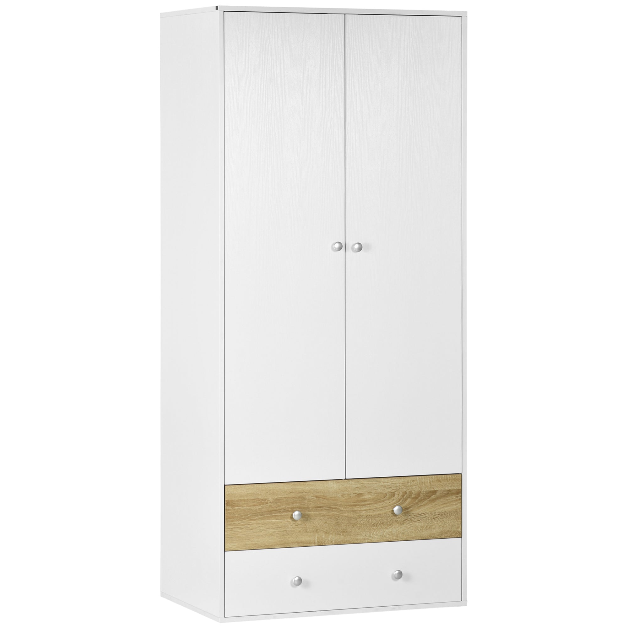 HOMCOM 2 Door Wardrobe White Wardrobe with Drawers and Hanging Rod for Bedroom  | TJ Hughes