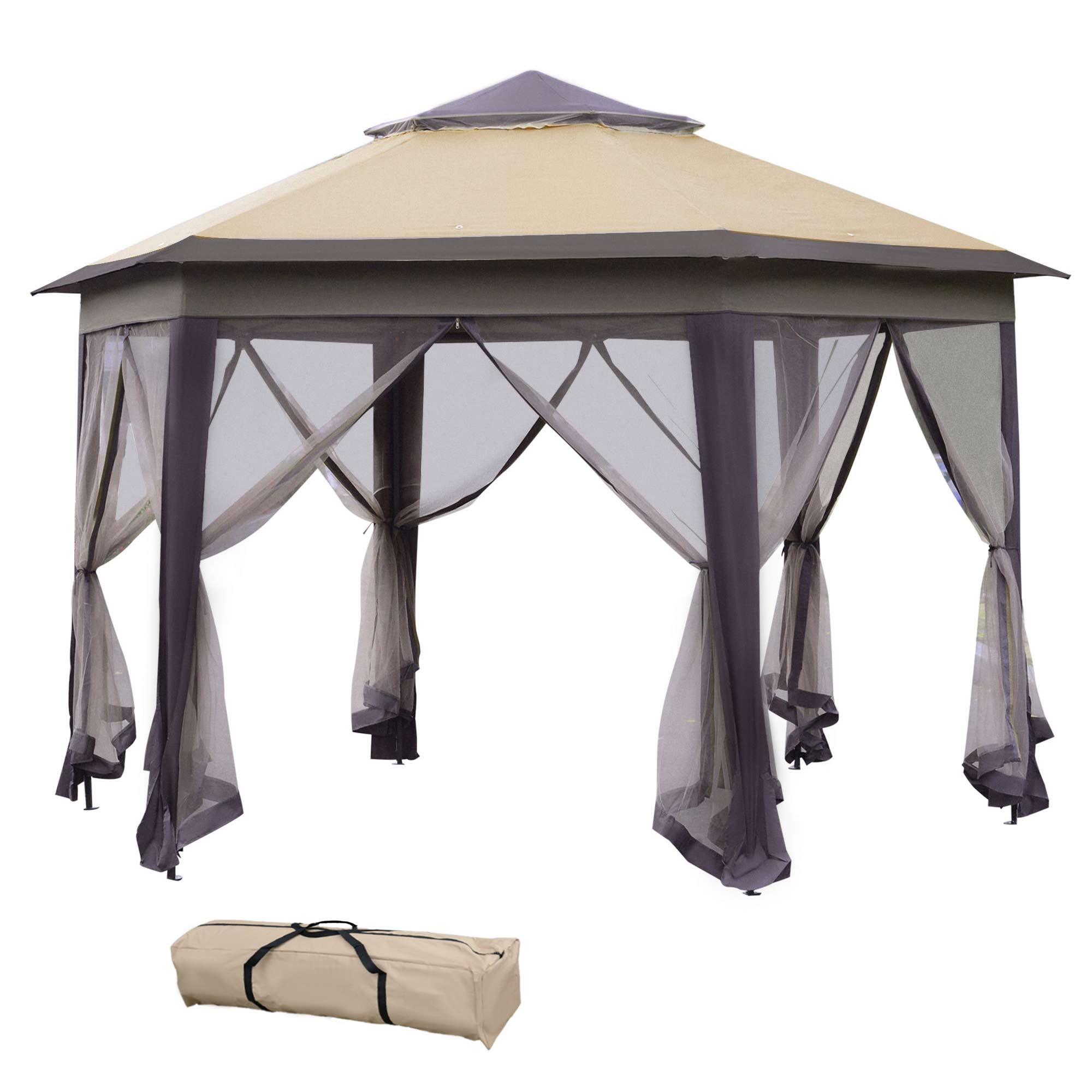 Outsunny 4x4m Hexagon Gazebo w/ Metal Frame Mesh Curtains Outdoor Garden - Beige  | TJ Hughes