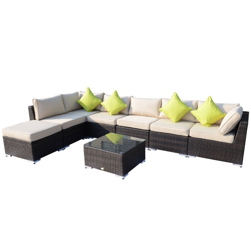 Outsunny 8 Pieces PE Rattan Corner Sofa Set with Thick Cushions - Aluminium Outdoor Rattan Garden Furniture Set with Glass Top Table - No Assembly Req