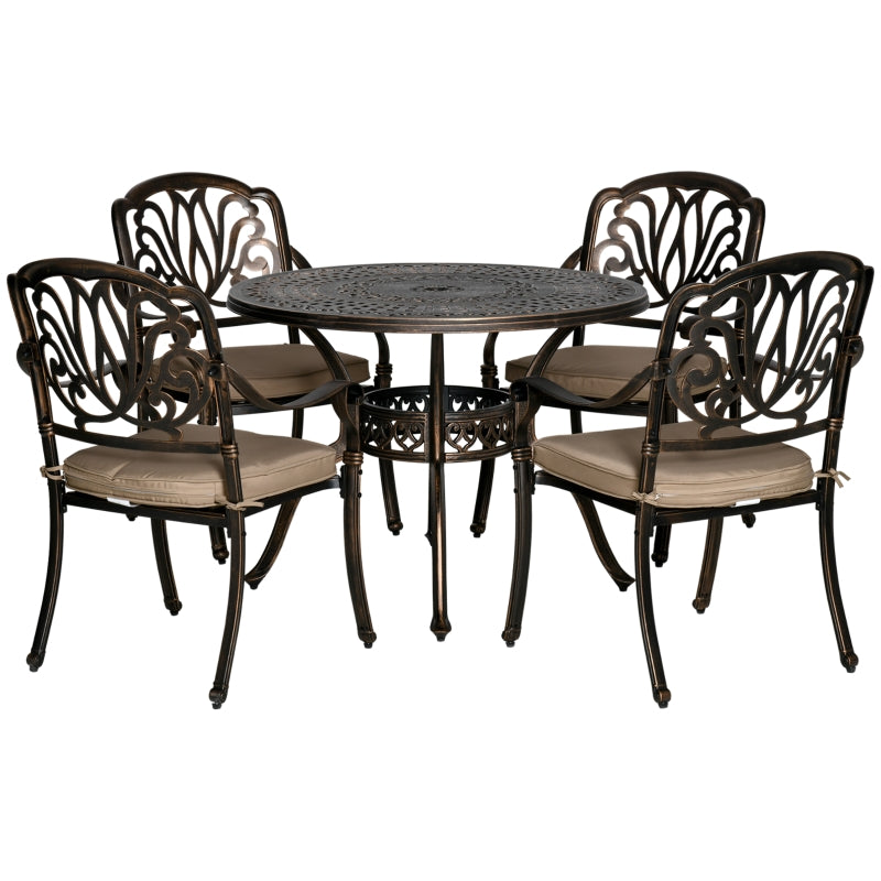 Outsunny 4 Seater Outdoor Dining Set Antique Cast Aluminium Garden Furniture Set with Cushions Round Dining Table with Parasol Hole - Bronze  | TJ Hug