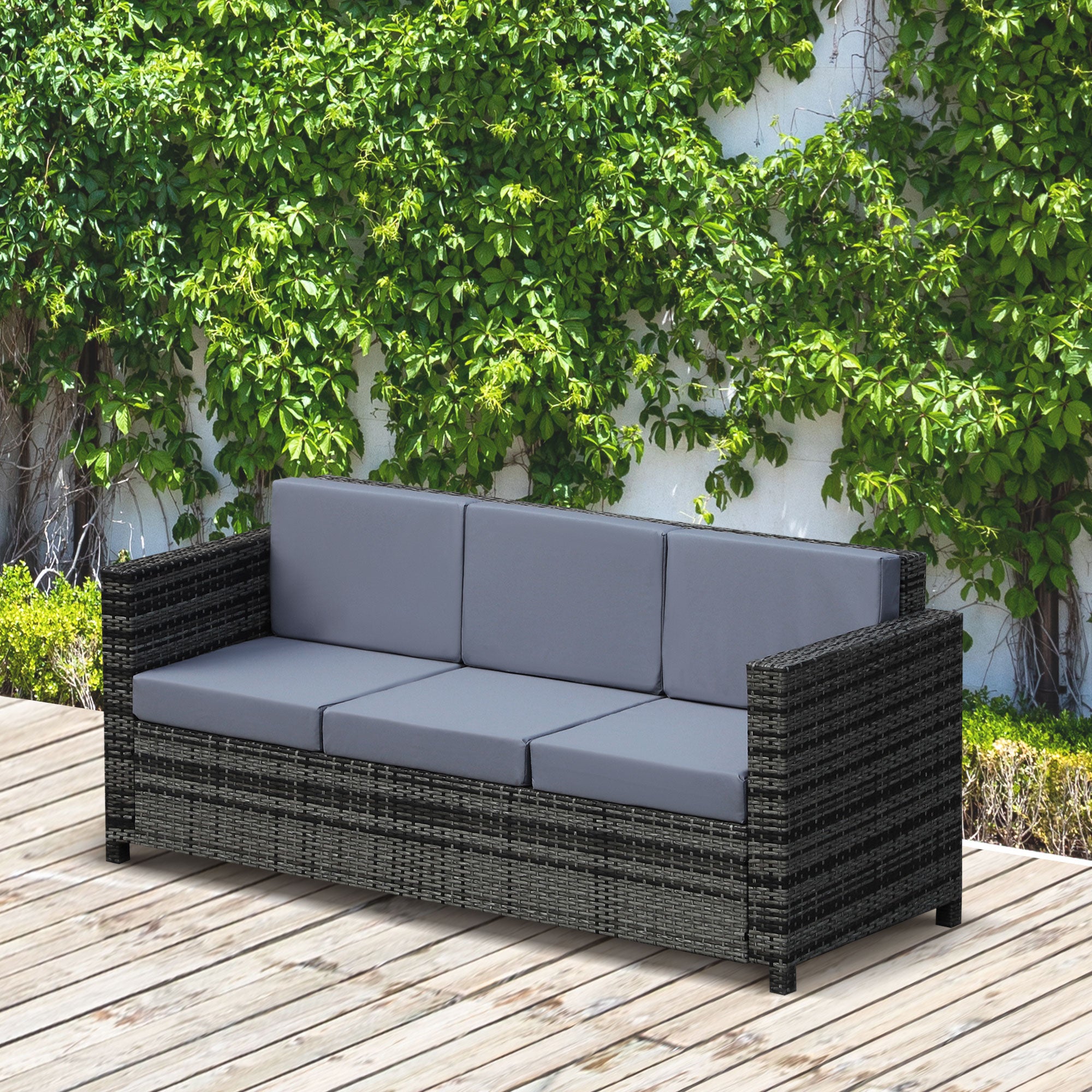Outsunny Rattan Wicker 3-seater Sofa Chair Patio Furniture w/ Cushions Black  | TJ Hughes