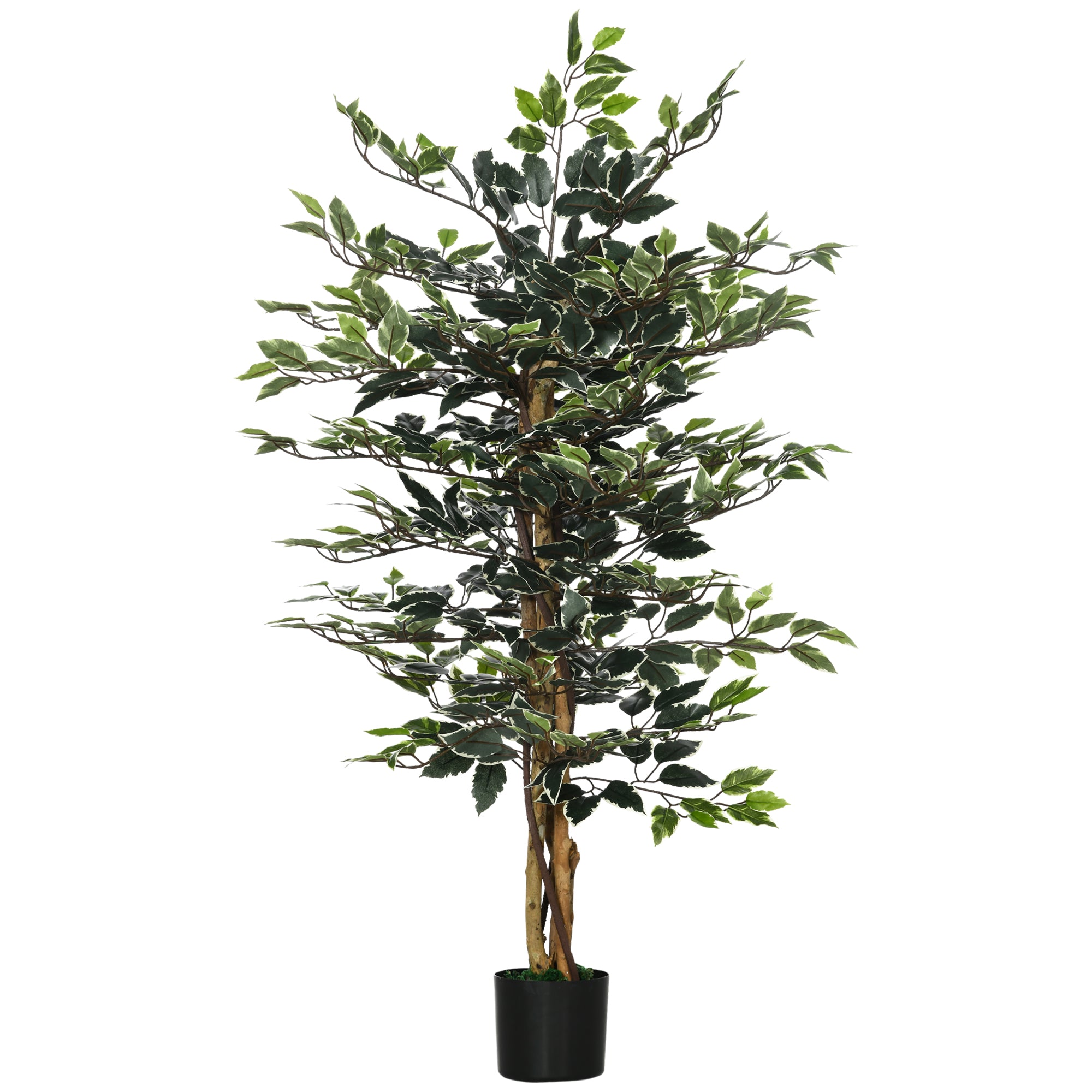 HOMCOM Artificial Ficus Tree in Pot - 130cm Tall Fake Plant with Lifelike Leaves and Natural Trunks - for Indoor Outdoor - Green  | TJ Hughes Light Gr