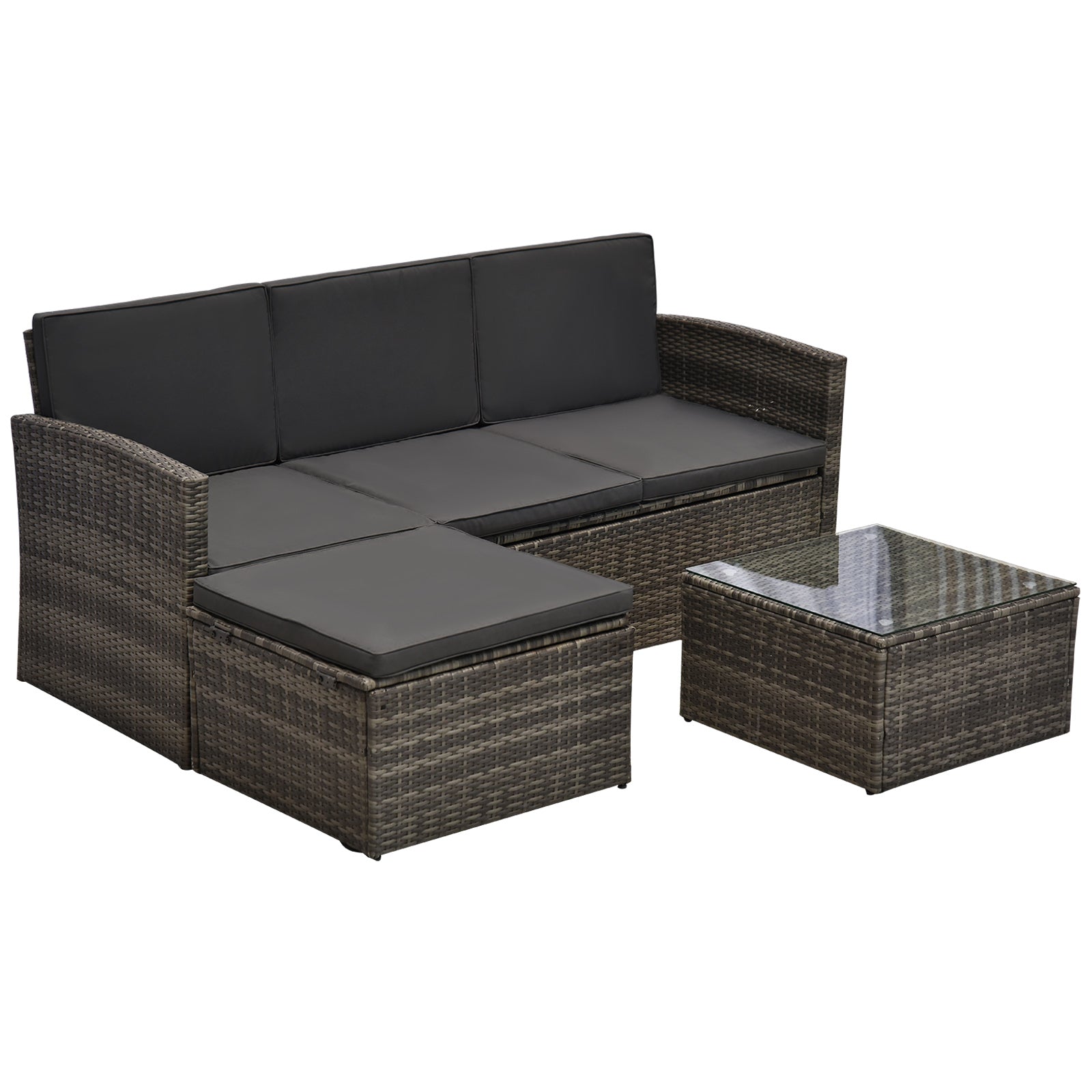 Outsunny 3pc PE Rattan Wicker Set Storage 3-seater Sofa Footstool Table Grey  | TJ Hughes