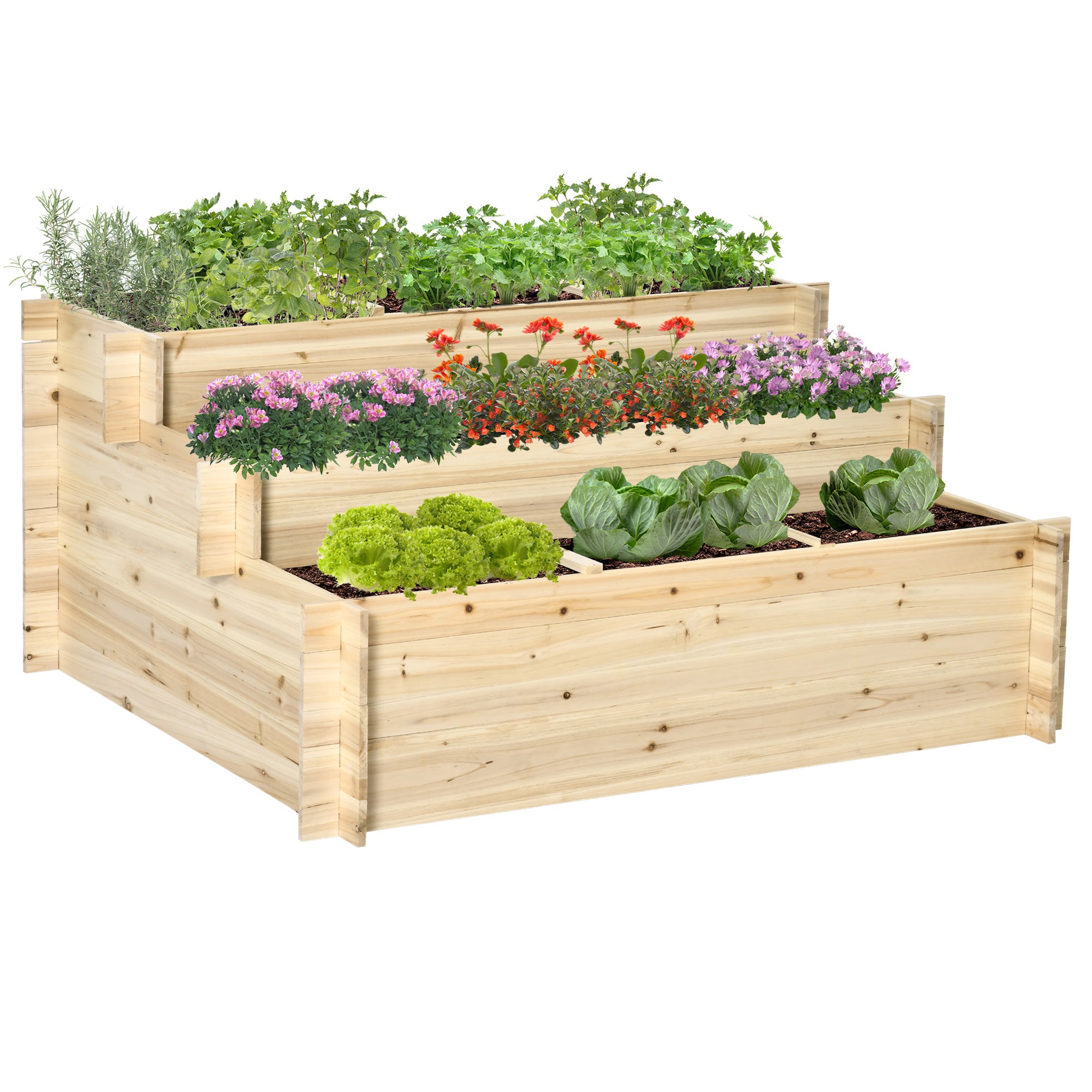 Outsunny 3 Tier Raised Garden Bed Elevated Planter Flower Box with 9 Grow Grids and Non-woven Fabric for Vegetables - Flower - Herb Outdoor Indoor Use