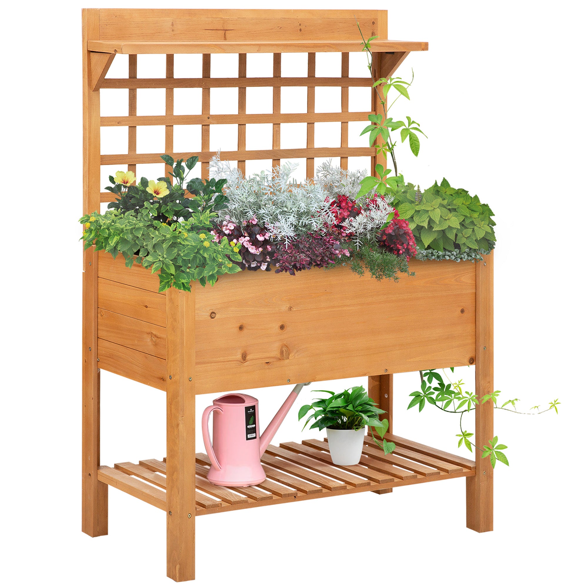 Outsunny Wooden Planter Raised Elevated Garden Bed w/ 2 Shelves - 105x40x135cm  | TJ Hughes