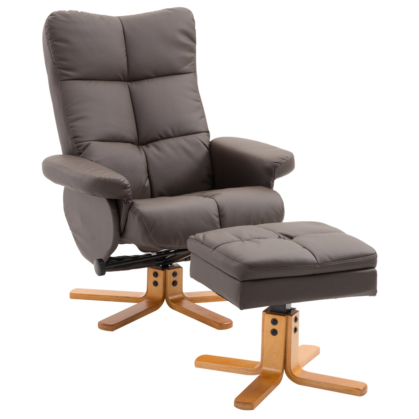 HOMCOM Recliner Chair and Footstool PU Leather Wooden Base Brown  | TJ Hughes